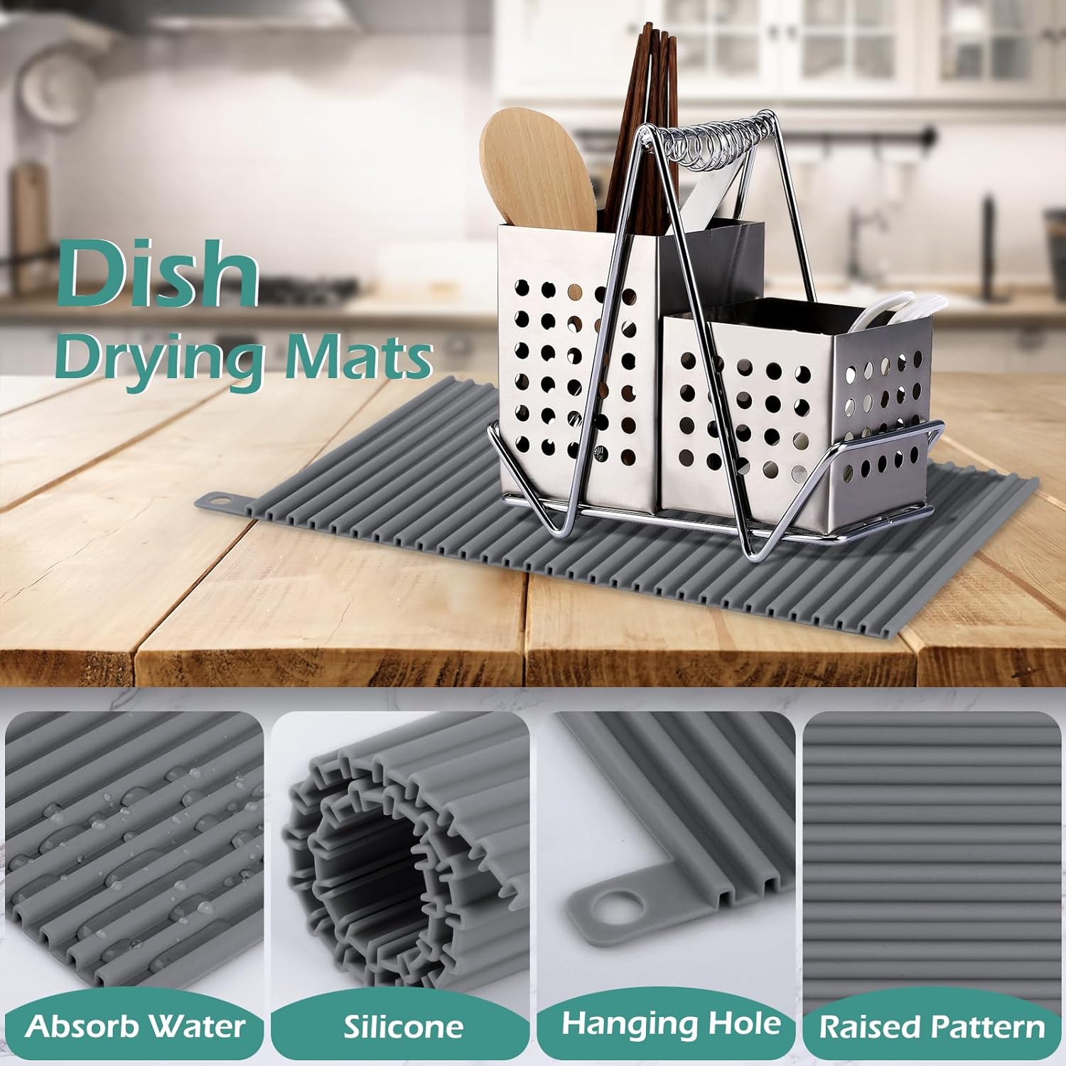GeeRic Tapete de secado de platos, tapete de silicona resistente al calor de 12 x 7 pulgadas para encimera de cocina, tapete antideslizante para