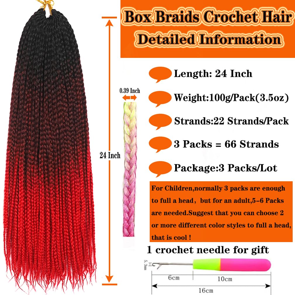 Extensiones de cabello de ganchillo de color rojo degradado de 24 pulgadas, extensiones de cabello de ganchillo preenrolladas hechas a mano, 3