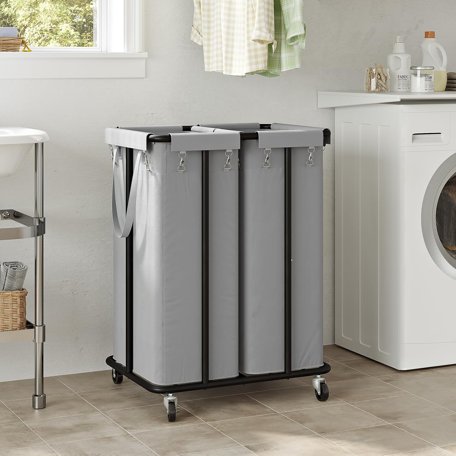 WOWLIVE Cesta de lavandería doble con ruedas de 170 L, cesta organizadora de lavandería con marco de acero y bolsas extraíbles, cesta grande para