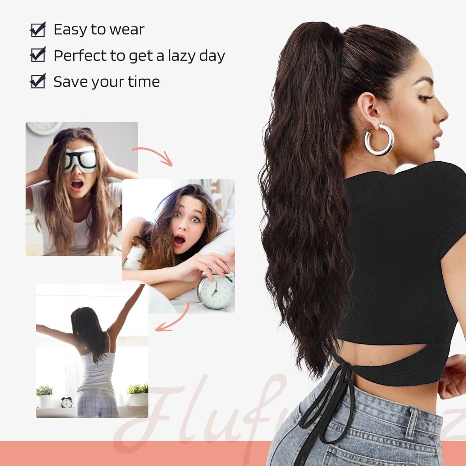 FLUFYMOOZ Extensión de cola de caballo, 22 pulgadas, extensiones de cabello sintético ondulado largo y rizado para mujer (22 pulgadas, marrón con