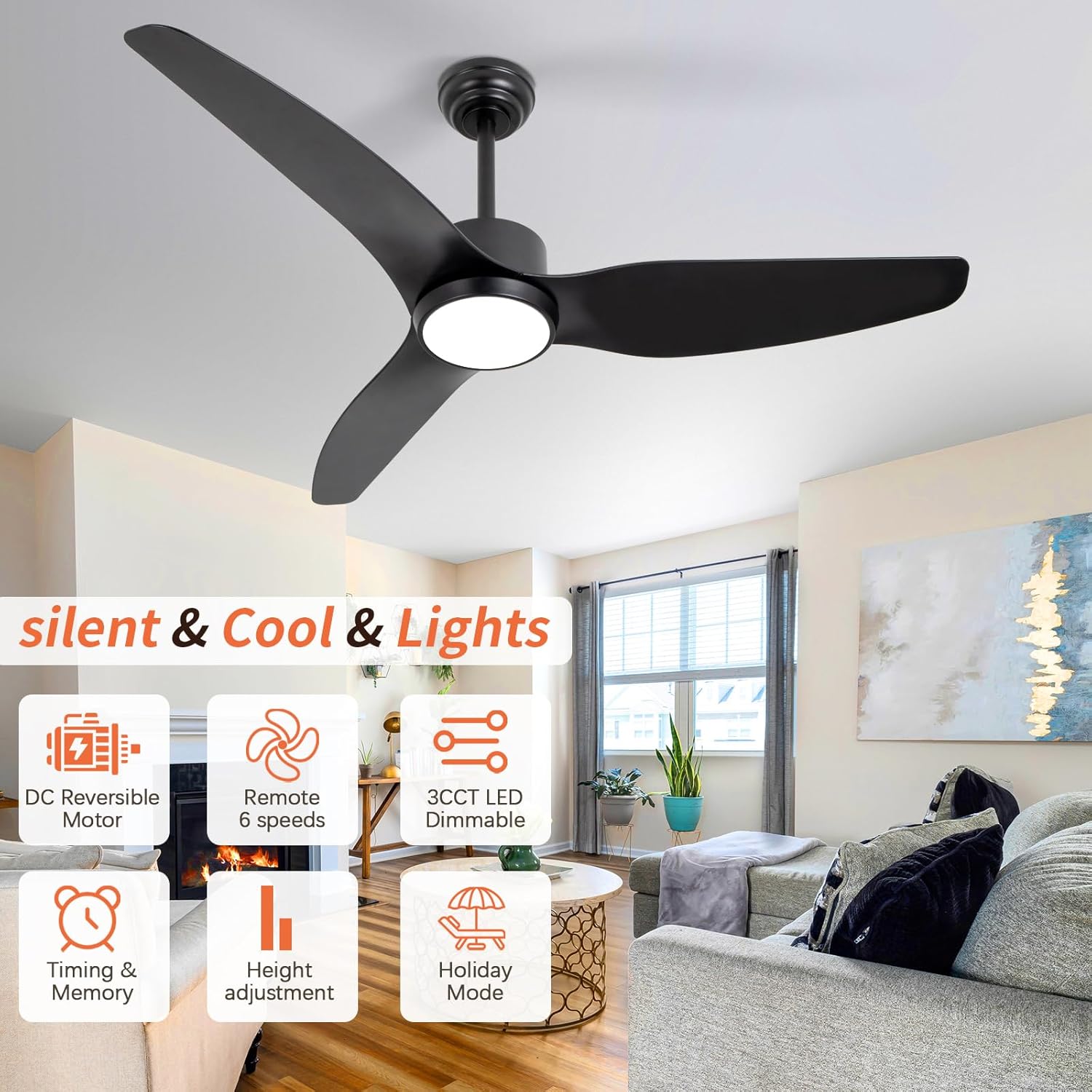 Ventilador de techo negro con control remoto de luz, 52 pulgadas, 6 velocidades, motor silencioso reversible, 3CCT, regulable, LED, temporizador,