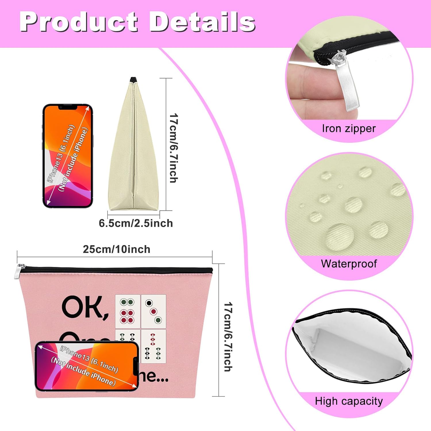 Mxrymvu 2 unids Mahjong amante regalo maquillaje bolsa Mahjong jugador regalo Mahjong niñas bolsa de cosméticos, rosado+beige, Viajes