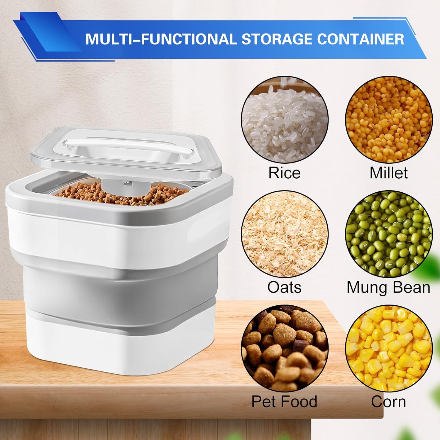 Ninodemu Contenedor plegable de almacenamiento de alimentos para perros, contenedor hermético de almacenamiento de alimentos para mascotas de 15