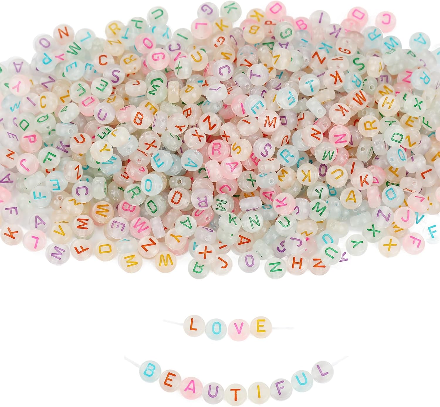 500 cuentas de letras brillantes acrílicas luminosas que brillan en la oscuridad, cuentas para hacer pulseras, collares, joyas (letra colorida)