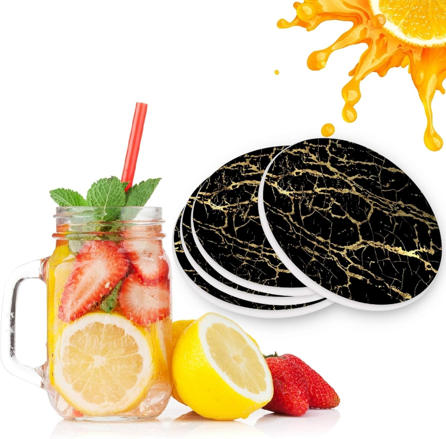visesunny Posavasos de mármol dorado y negro que absorbe la humedad con base de corcho para protección de mesa para evitar daños en los muebles, 4
