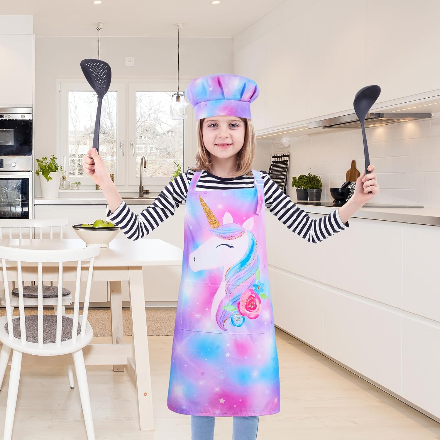 MHJY Juego de delantal y sombrero de chef para niños, para cocinar, hornear, pintar, bonito delantal para niñas pequeñas con bolsillos, color azul y