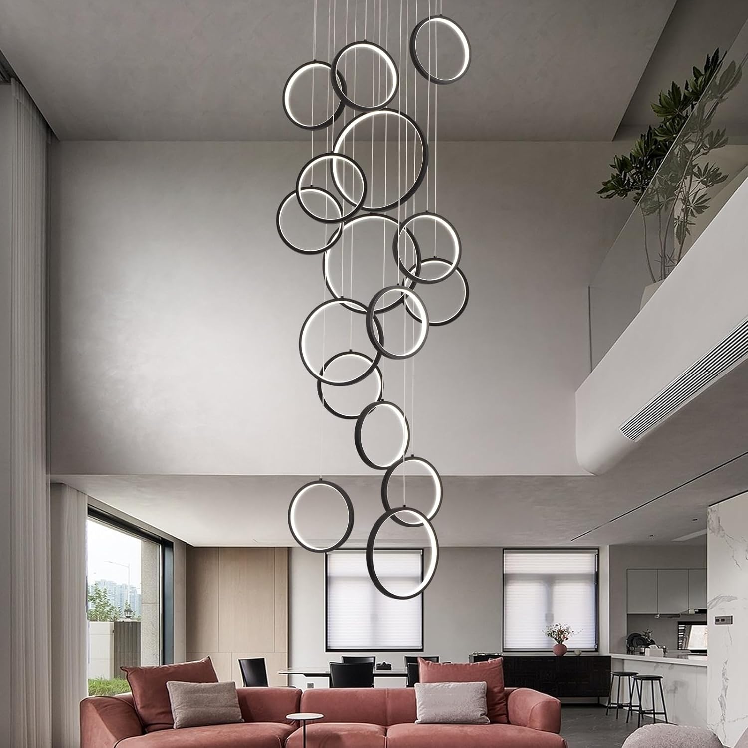Modern Chandelier,Dimmable Black Chandelier with Remote Control 16 Rings Pendant Light Adjustable Height Hanging High Ceiling Light Fixture,for