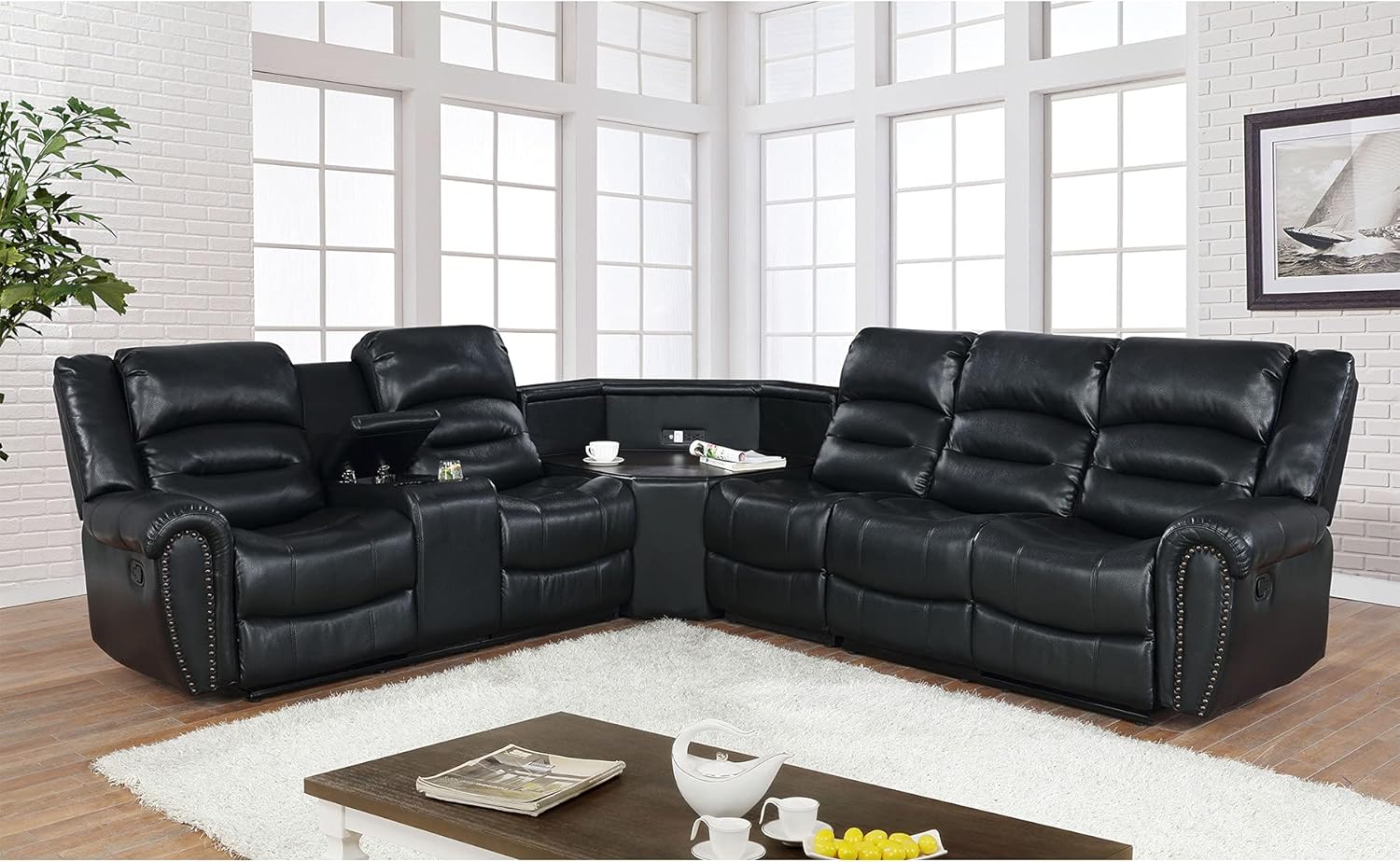 Nathaniel Home Cuero reclinable seccional, negro