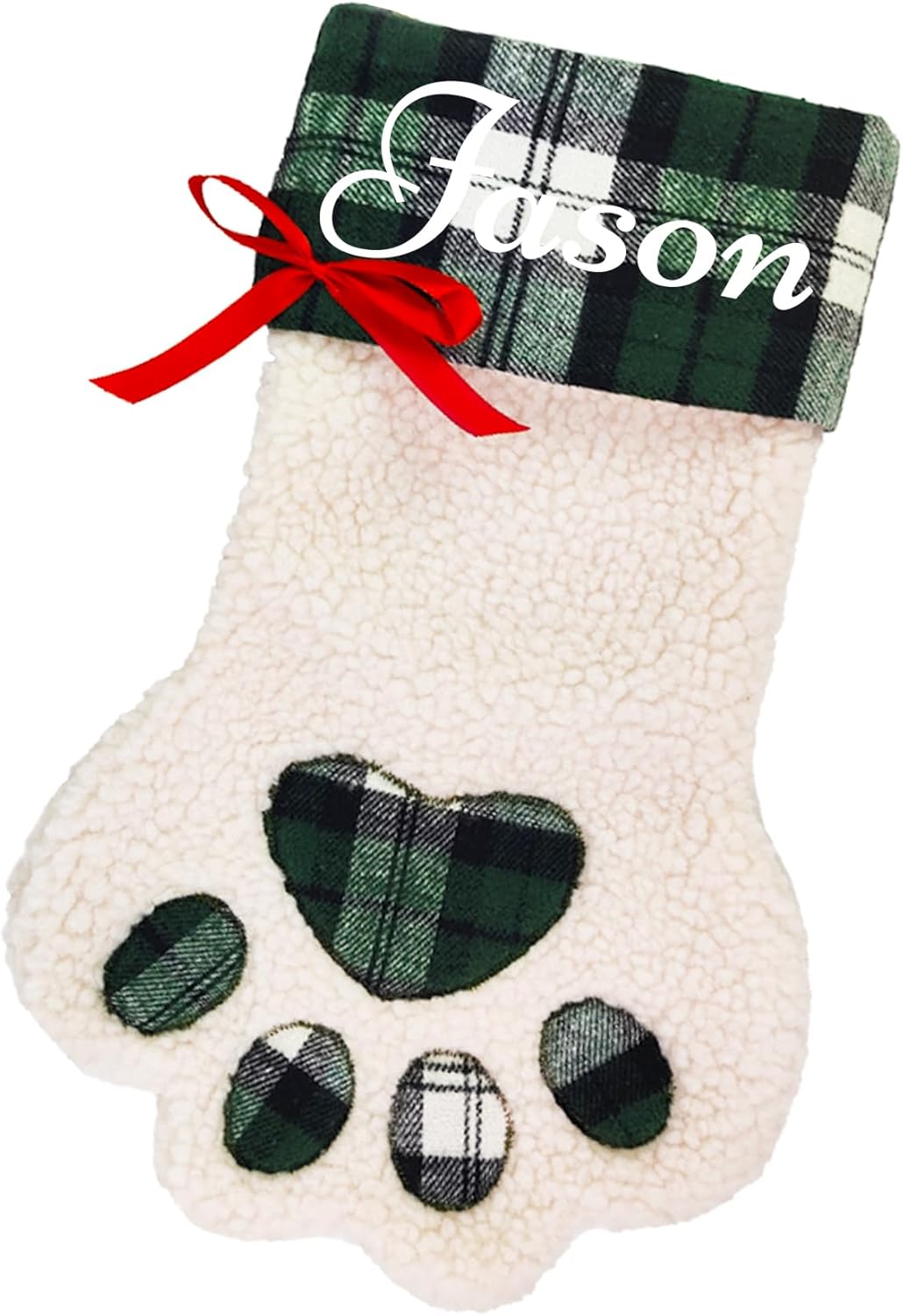 Calcetines de Navidad personalizados para perros, patas de perro con nombre, sherpa sintético blanco con puño a cuadros verdes y detalles de hueso