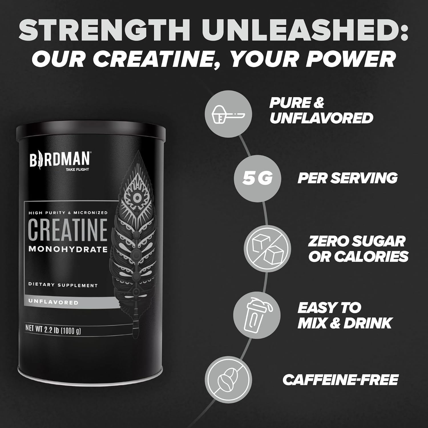 BIRDMAN Monohidrato de creatina micronizada en polvo, recuperación muscular, sin cafeína, creatina, antes del entrenamiento, vegano, después del