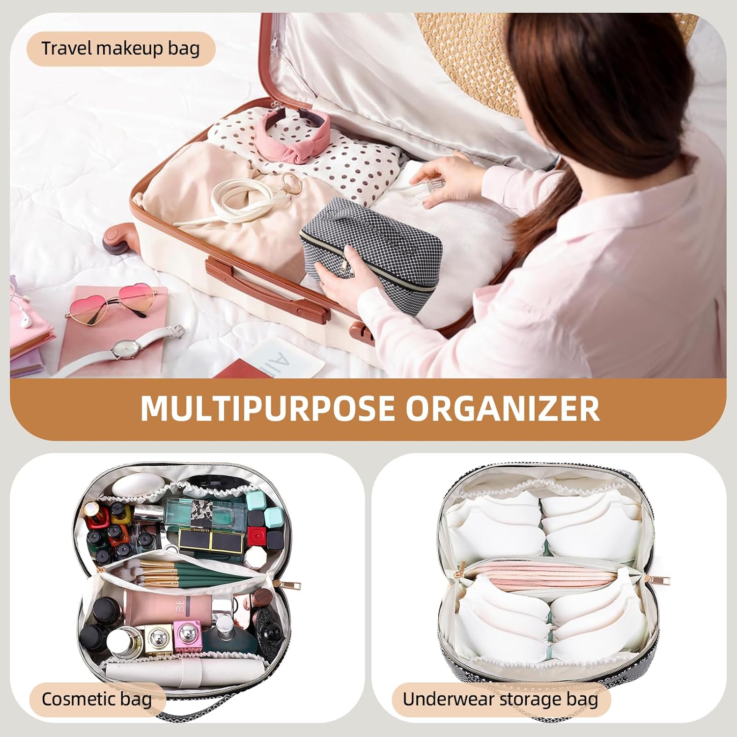 TRICIA Bolsa de maquillaje a cuadros, bolsa de cosméticos impermeable de piel sintética, bolsa de aseo para mujeres, bolsa organizadora de