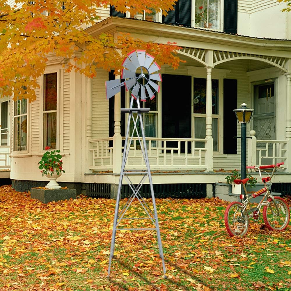 VINGLI Molino de viento ornamental de 8 pies para decoración de jardín, veleta meteorológica, molino de viento de metal resistente con diseño de 4