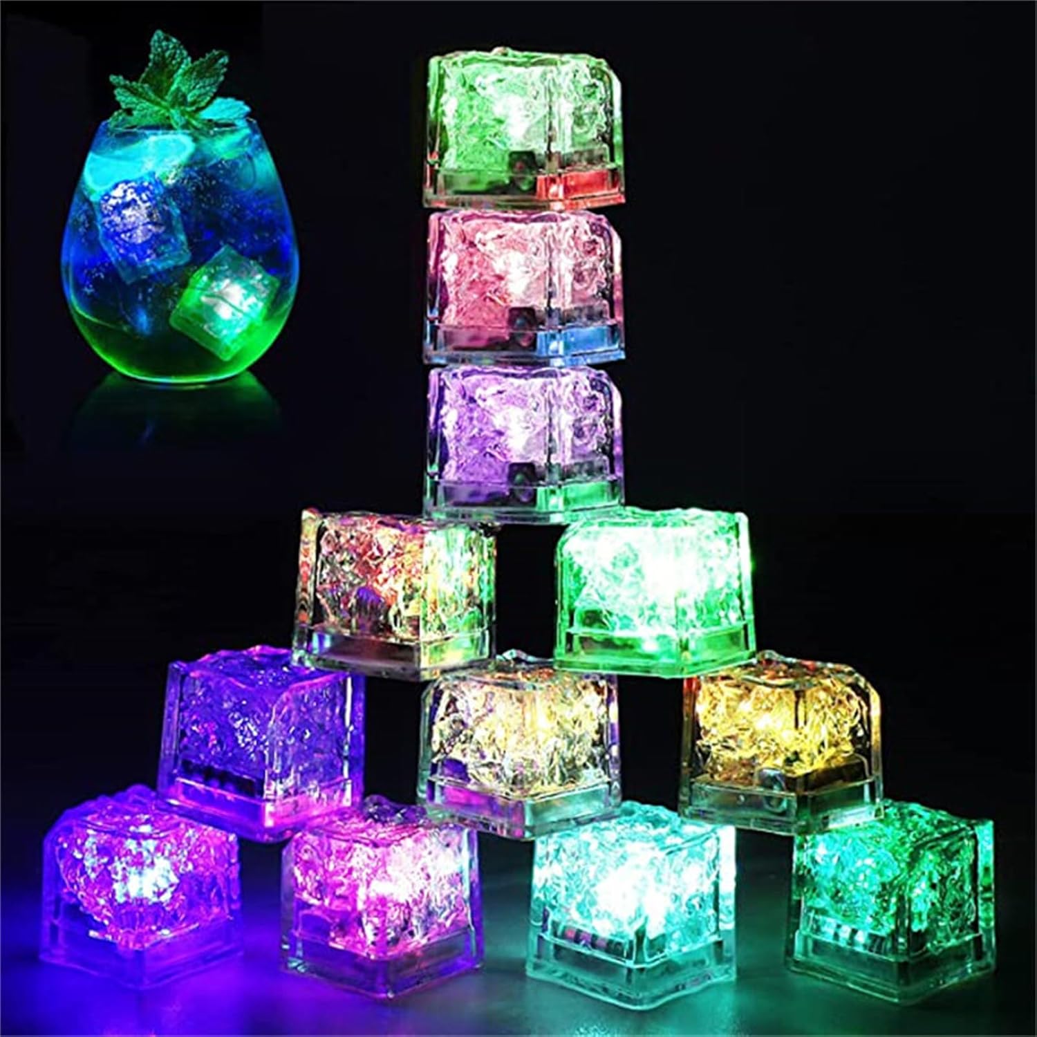 ZWFDC Cubos de hielo iluminados para bebidas, cubos de hielo LED con luces de color cambiantes, recuerdos de fiesta, paquete de 12 cubos de hielo