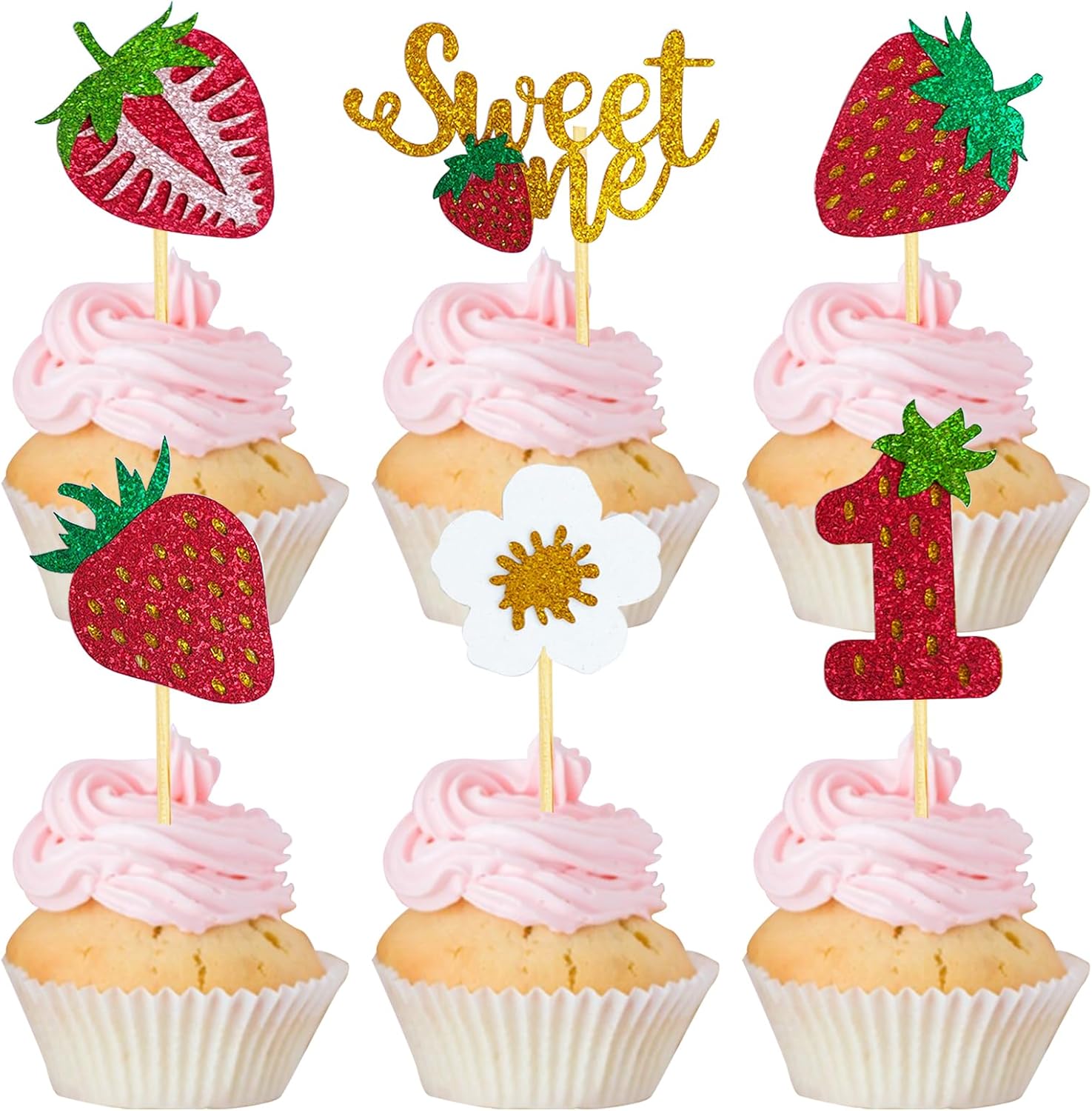Mulukaya 24 piezas con purpurina de fresa dulce uno para cupcakes, palillos para tartas temáticas de frutas, bayas, suministros de decoración de