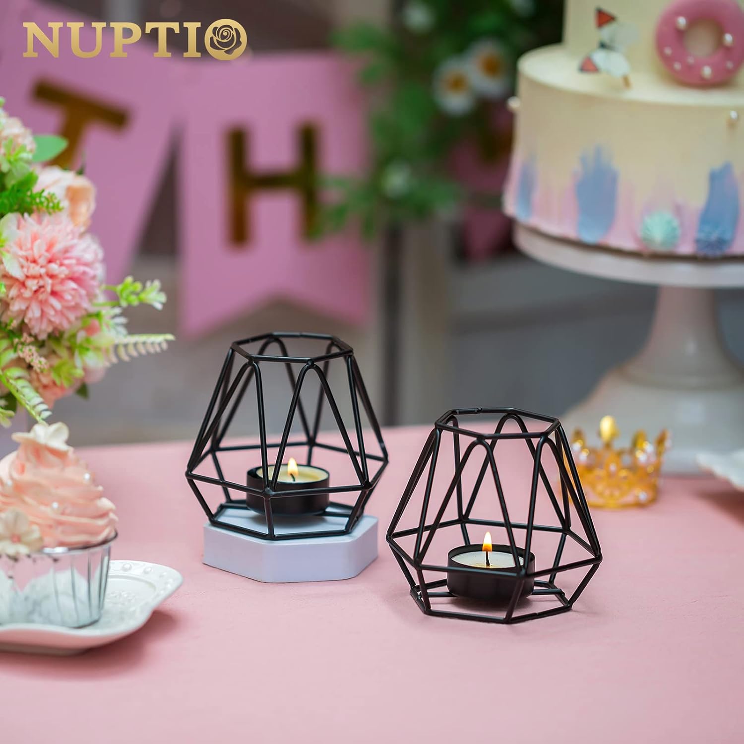 2 portavelas para velas de té, soporte para velas de té negro, portavelas votivas geométricas hexagonales de metal para boda, hogar, sala de estar,