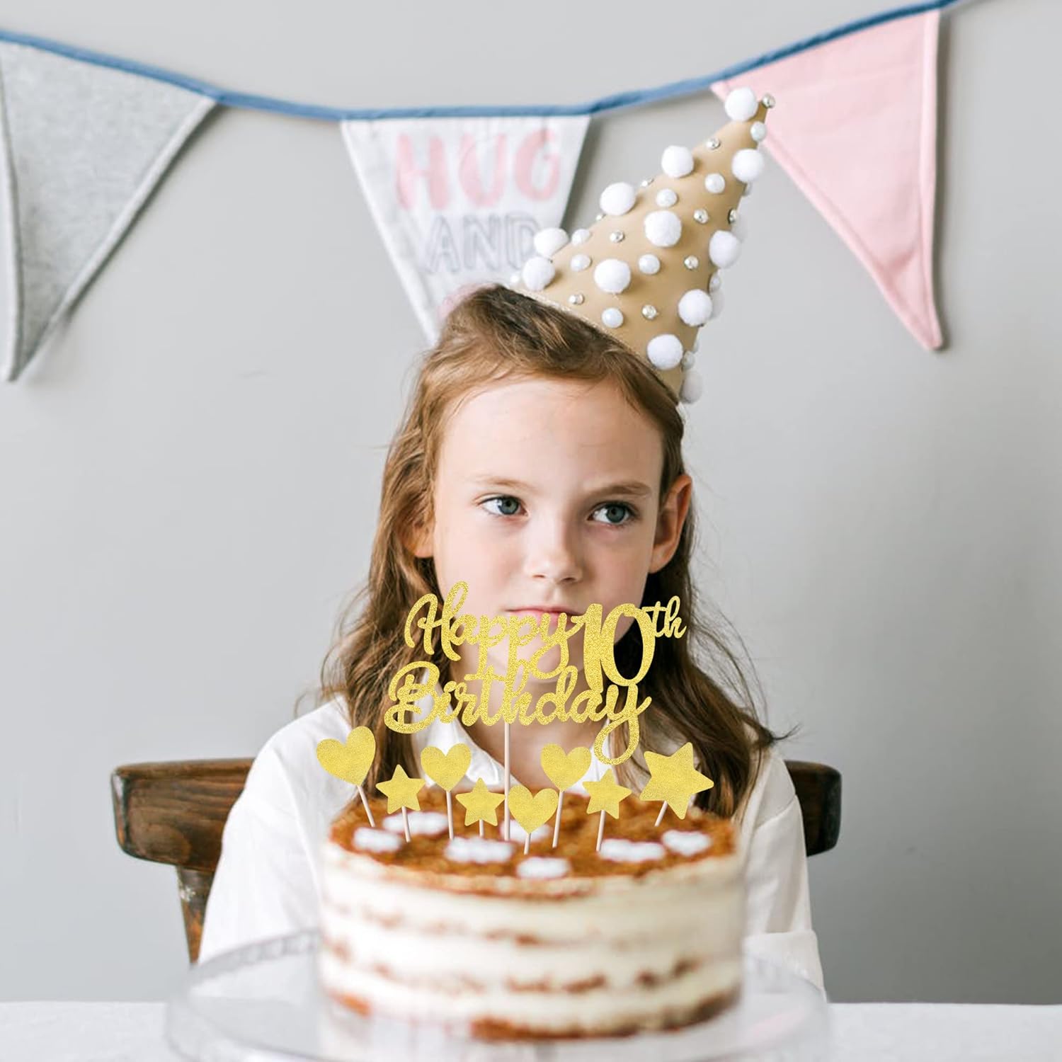 Paquete de 9 decoraciones para tartas de cumpleaños número 10 con purpurina de corazón y estrella para cupcakes, saludos a los 10 años de edad,