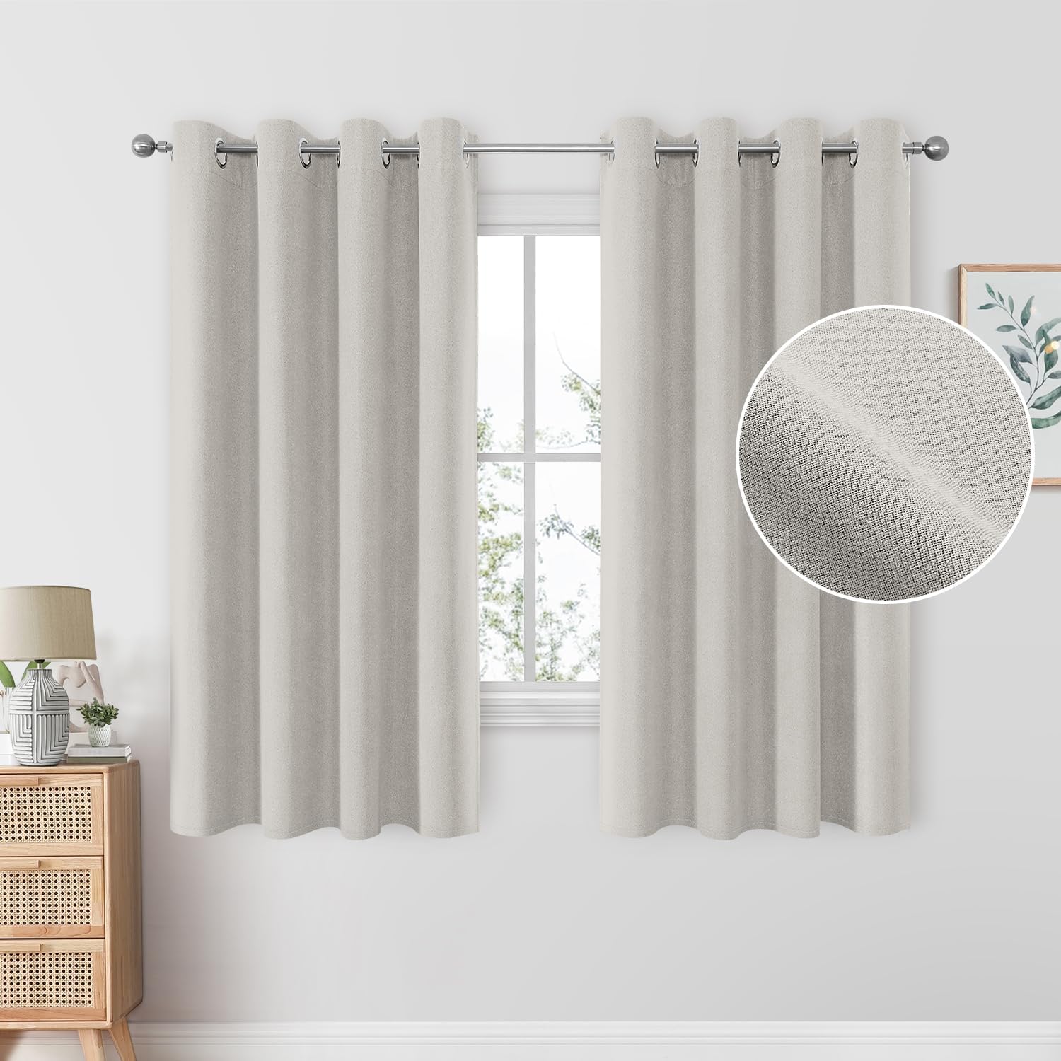 HOMEIDEAS Cortinas opacas 100% de lino beige claro para dormitorio, cortinas de 52 x 63 pulgadas de largo, 2 paneles para sala de estar, lino