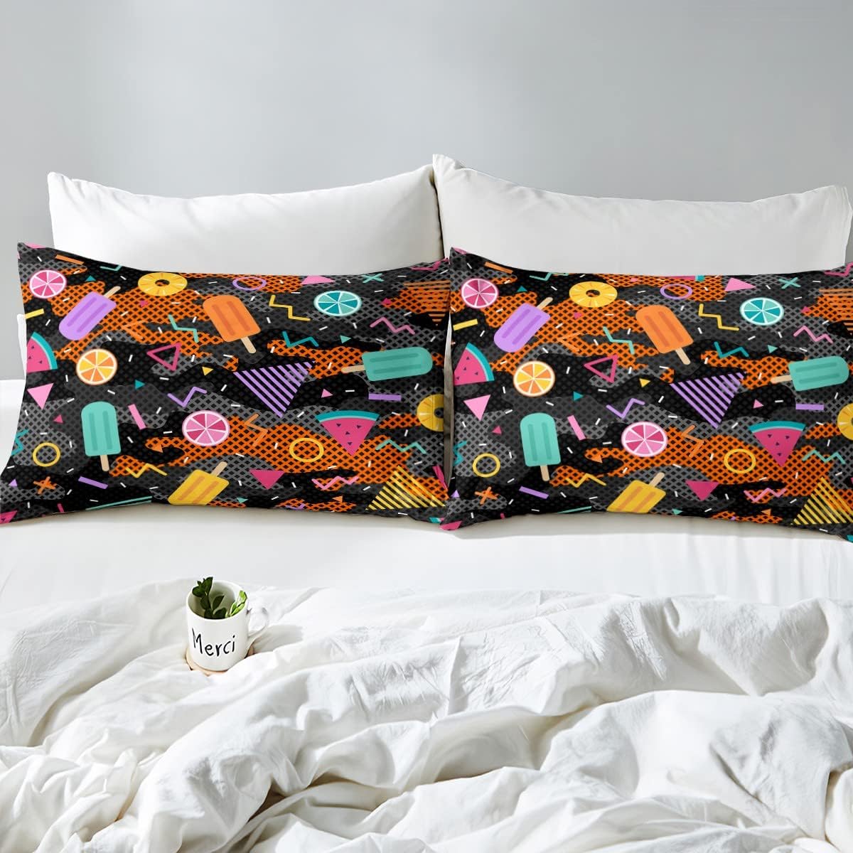 Erosebridal Juego de edredón de camuflaje, tamaño Queen, abstracto, negro, naranja, camuflaje, vintage, 80, 90, Memphis, edredón acolchado para