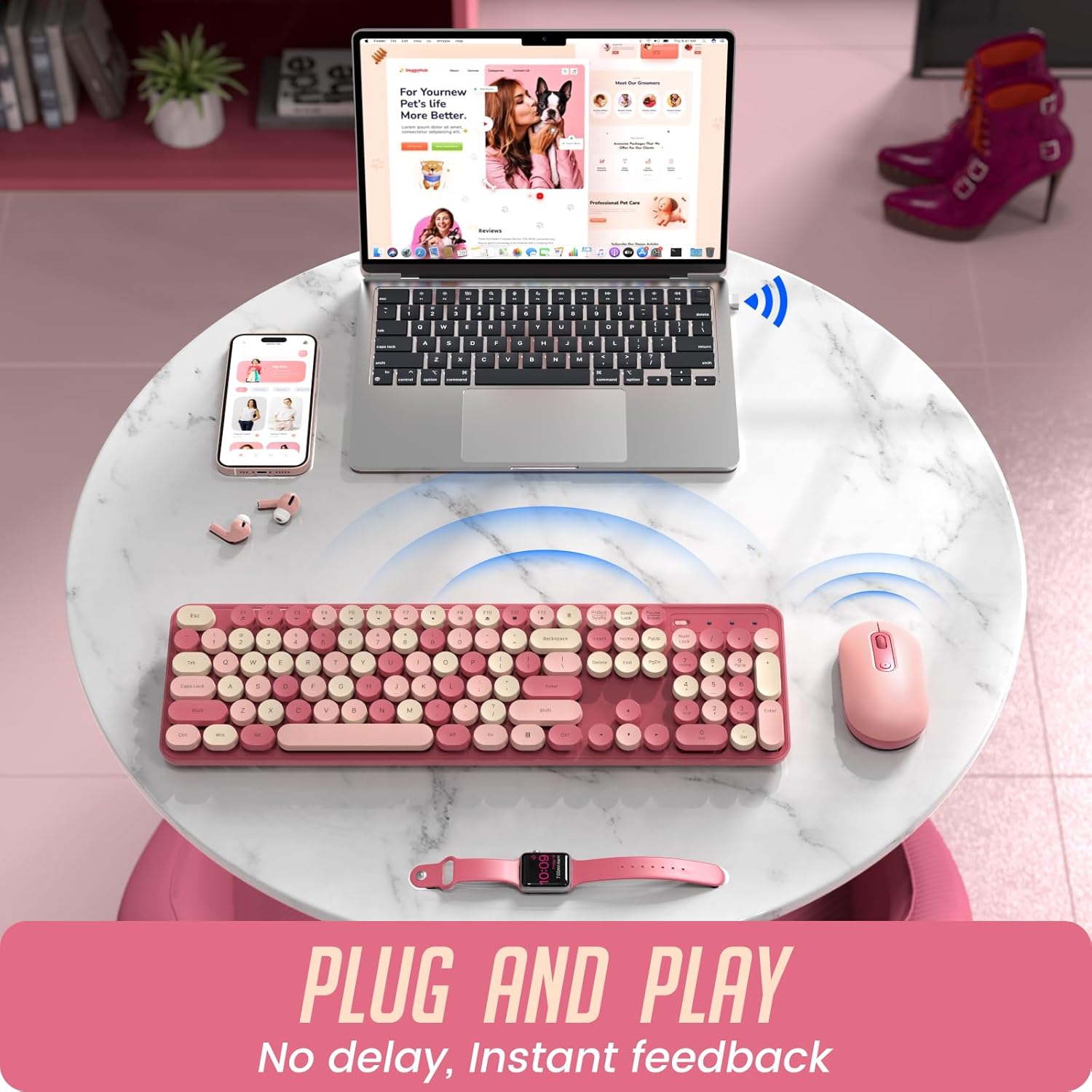 LIZRROT, Teclado y mouse inalámbricos, teclado silencioso, teclado colorido de tamaño completo con teclas redondas, bonito mouse de 2.4 G compatible
