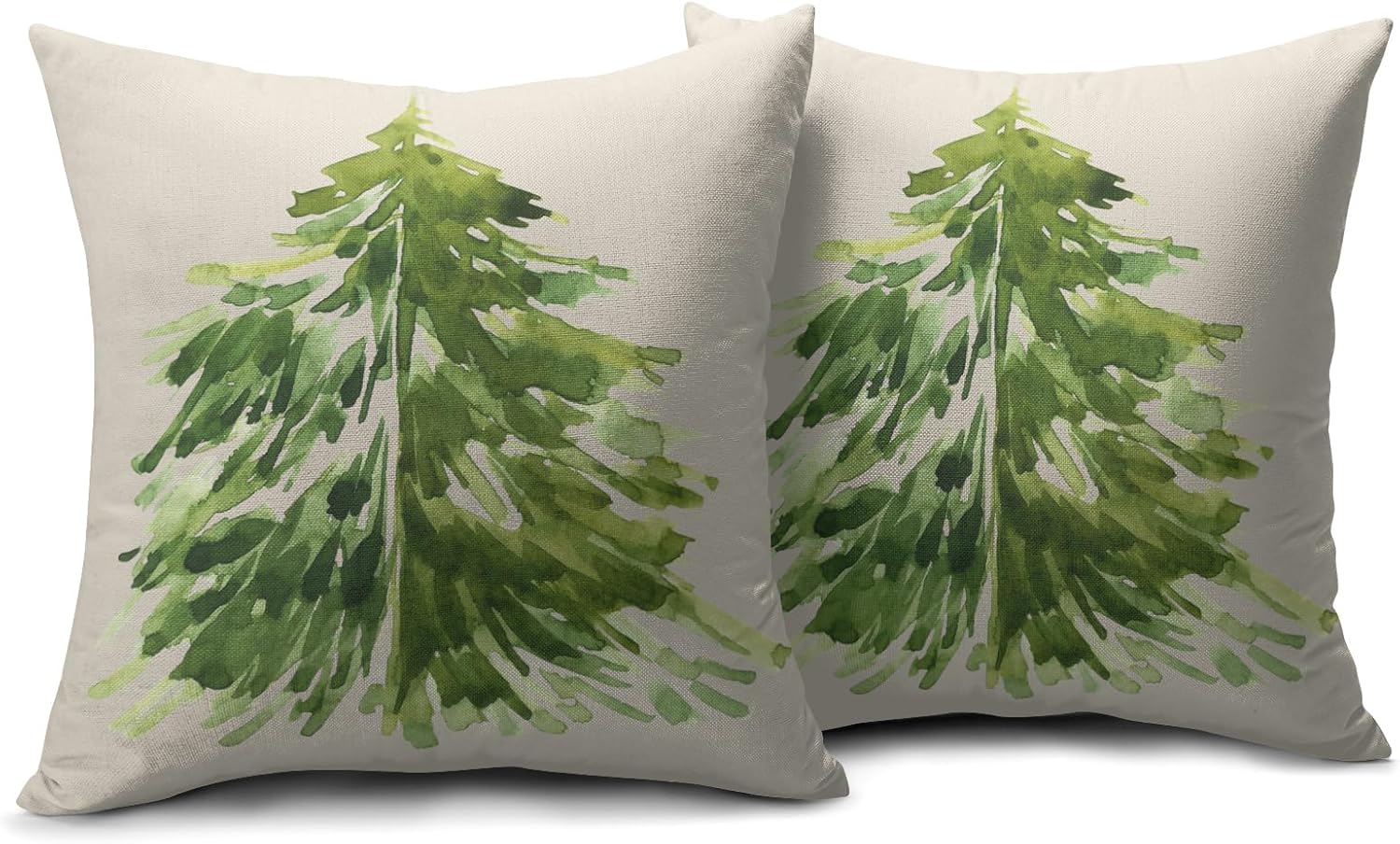 Juego de 2 fundas de almohada de árbol de Navidad en acuarela de 18 x 18 pulgadas, diseño rústico de pino verde con estampado de pinos para