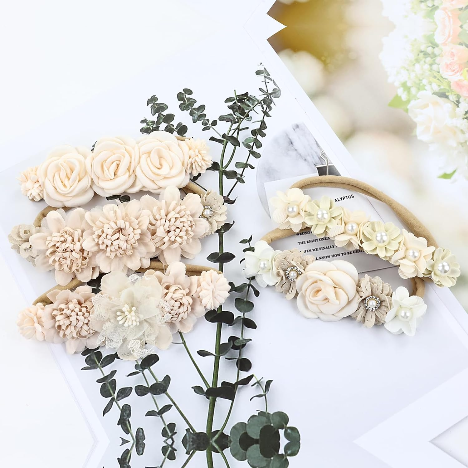 Cinaci 5 diademas de nailon súper elásticas y suaves con flores, para bautizo, tiaras florales, coronas, accesorios para el cabello para recién