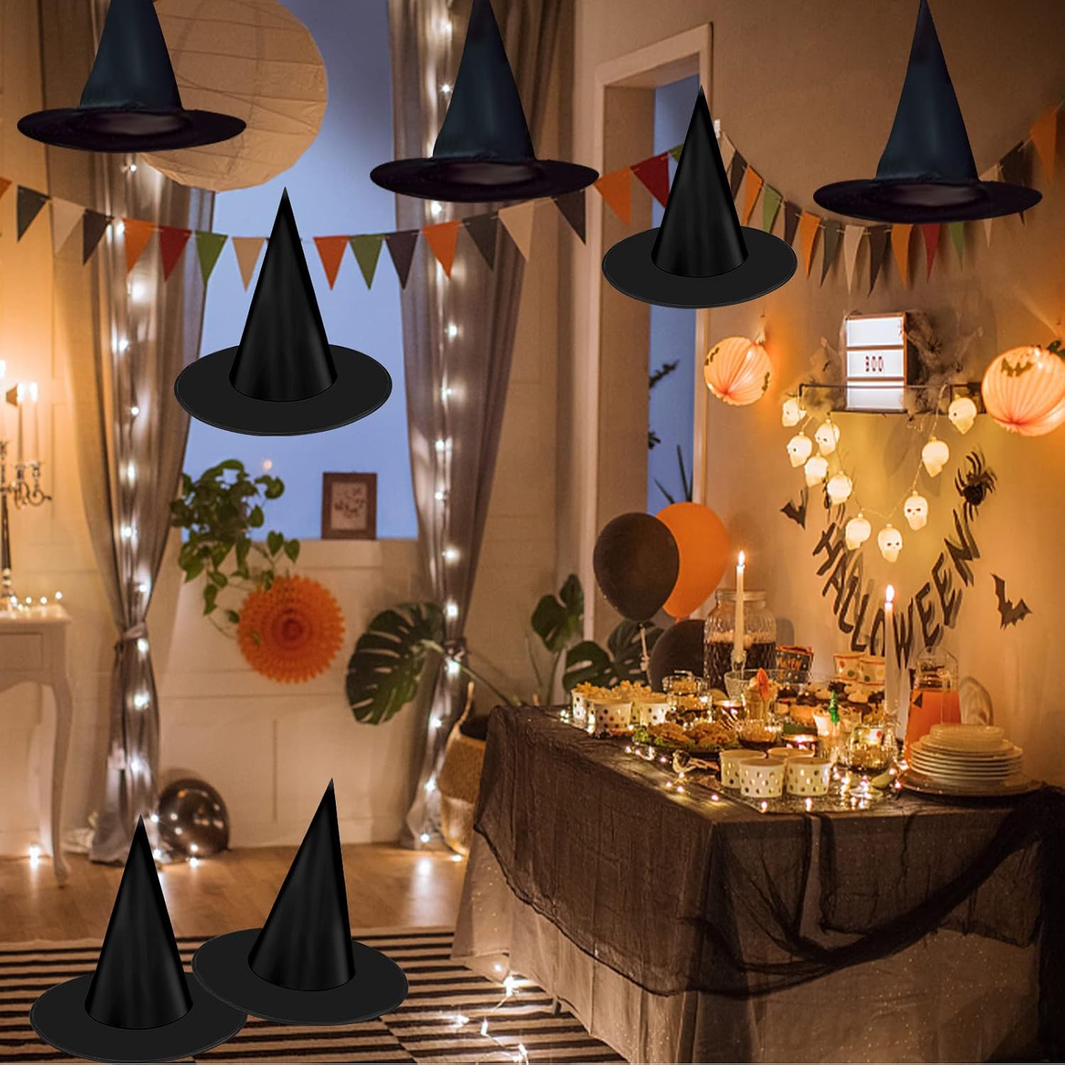 12 sombreros de bruja de Halloween, sombrero de bruja para decoración de Halloween, sombrero de bruja colgante con cuerdas para disfraz de