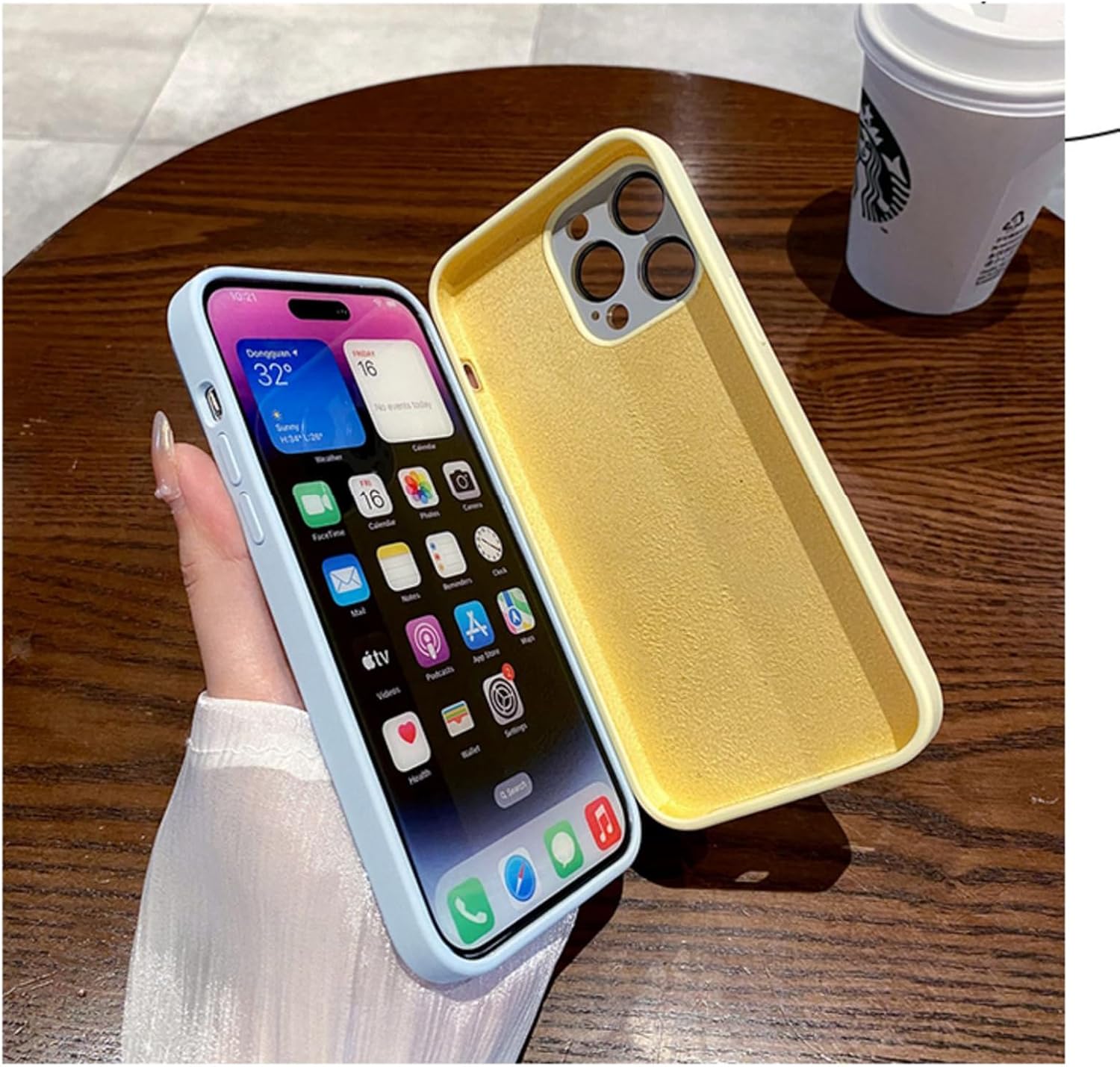Funda de silicona líquida para iPhone 14 Pro Max con lente de cámara de vidrio, protección de lente de color sólido simple, color blanco antiguo
