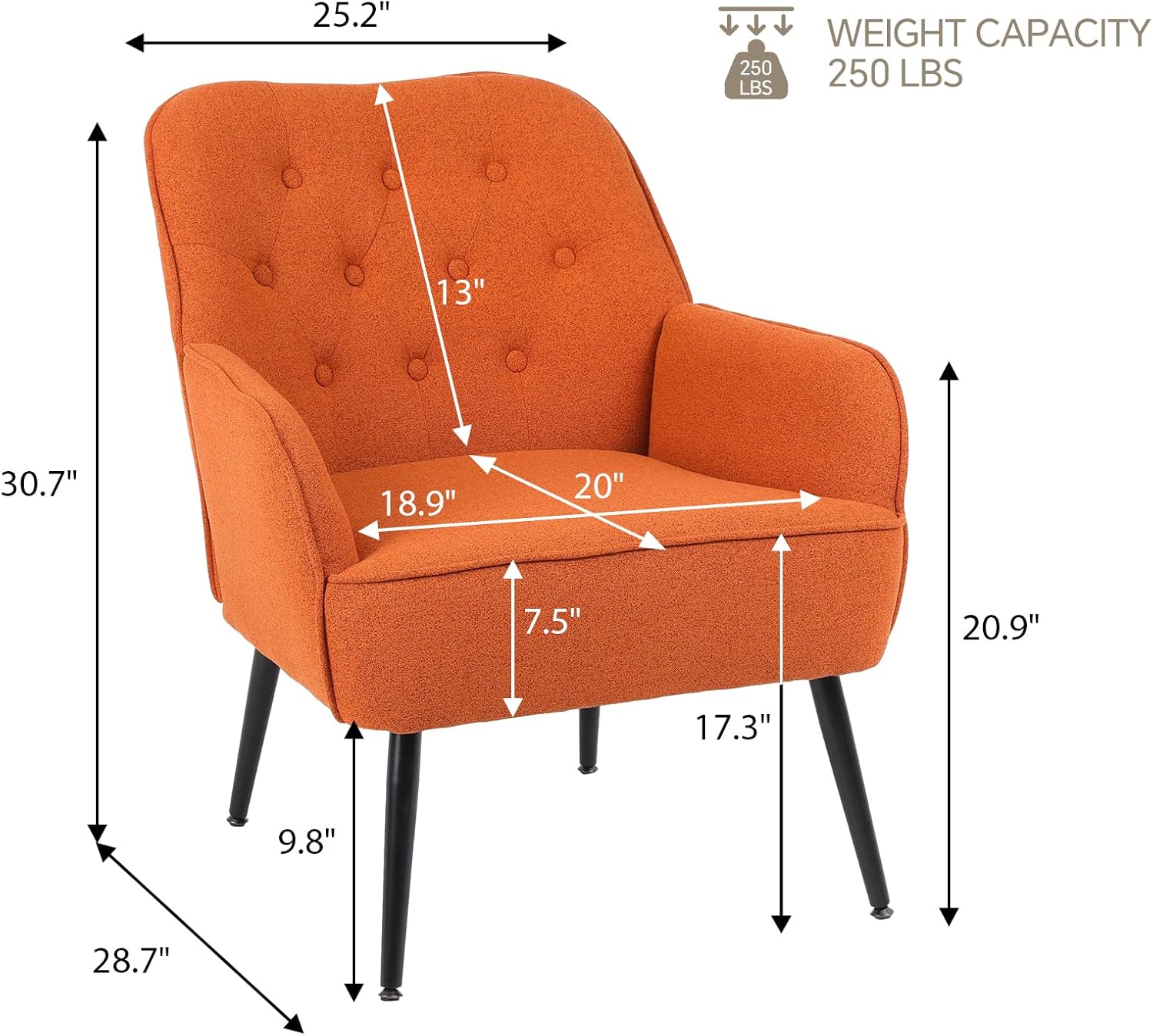 Hosnnile Silla decorativa, moderna de mediados de siglo tapizada con botones, silla de lectura individual con tela de lino + marco de hierro sólido,