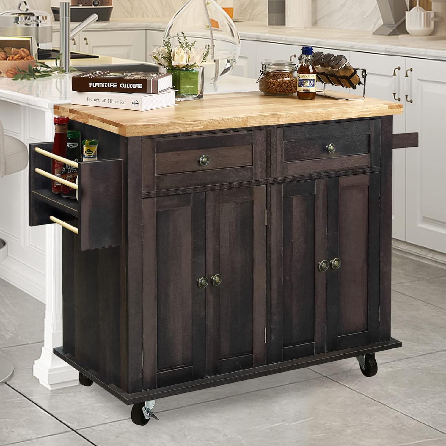 NSdirect Carrito de isla de cocina, barra de cocina y carrito de servicio, ruedas con estante para especias, toallero, carrito de almacenamiento con