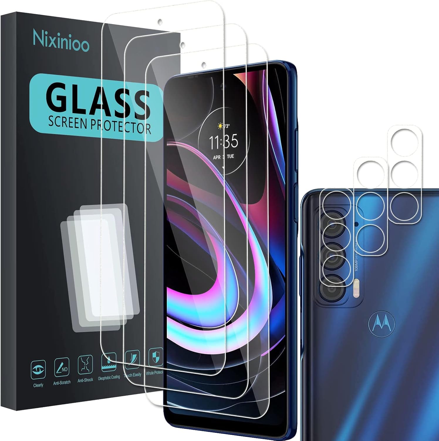 Paquete de 3 protectores de pantalla para Motorola Moto Edge 2021 con 3 protectores de lente de cámara, vidrio templado 9H, sin burbujas,