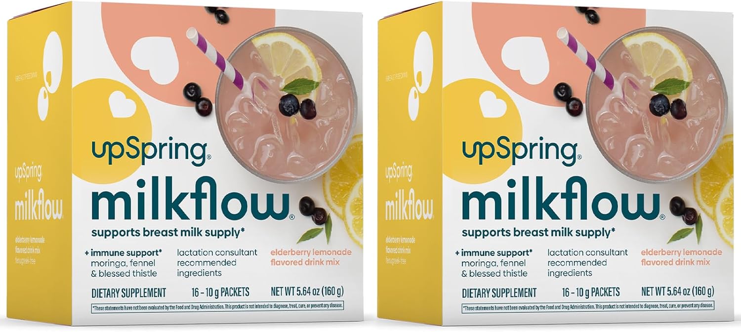 UpSpring Milkflow Suplemento de lactancia materna para apoyo inmunológico, mezcla de bebida sin fenogreco, moringa  sabor a limonada de saúco