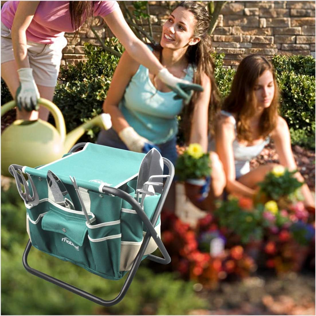 Juego de herramientas de jardín, kit de herramientas de regalo de jardinería resistente, incluye taburete plegable con bolsa de herramientas, 5