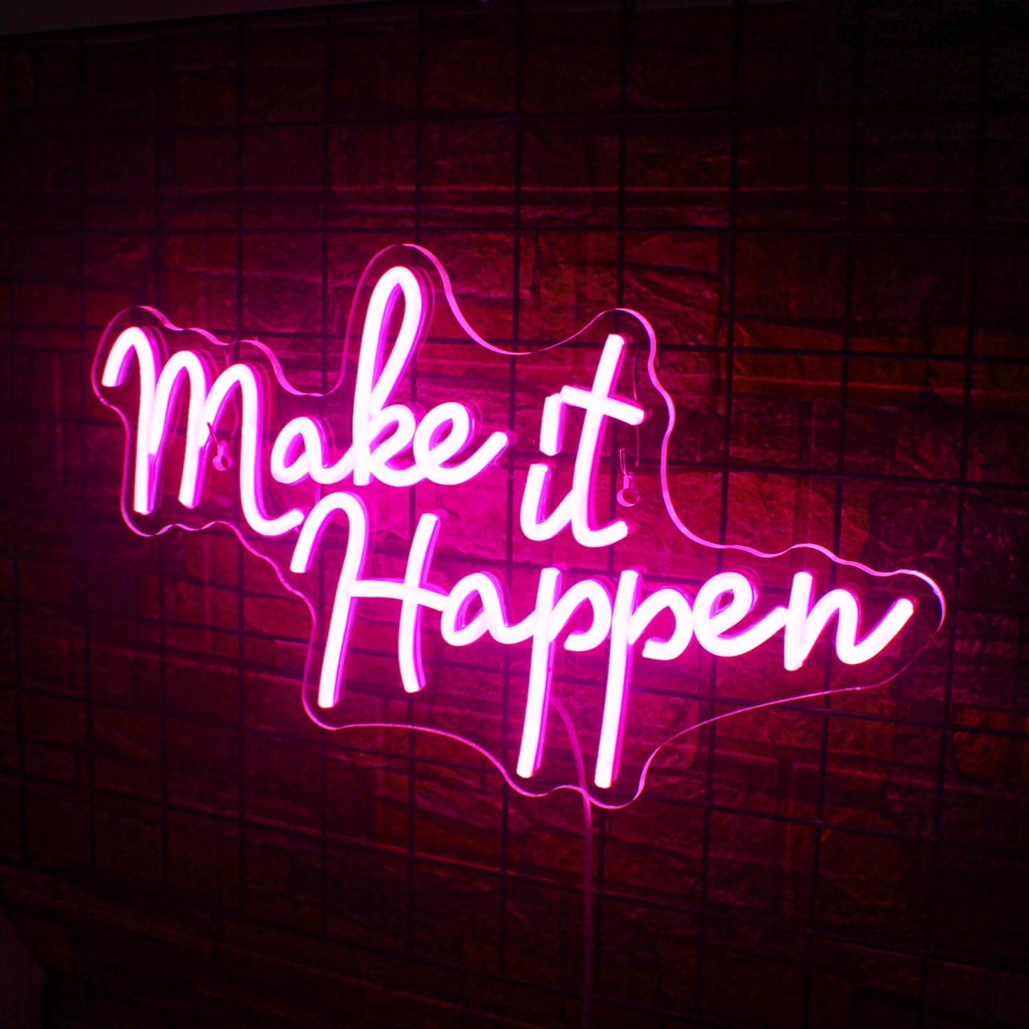 Letrero de neón con texto en inglés Make It Happen con luz LED rosa para decoración de pared, letras USB, luz de neón para interiores, dormitorio,