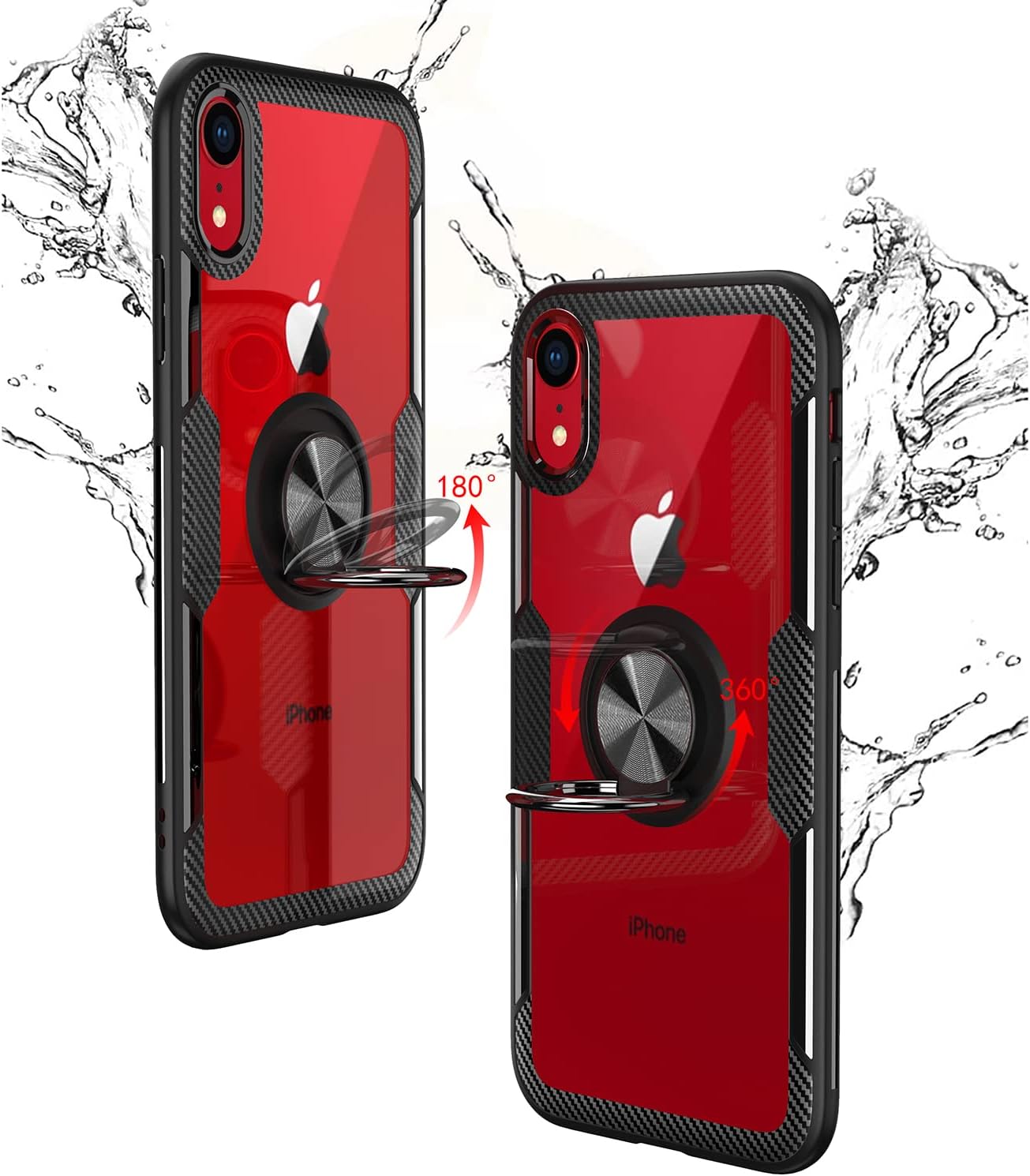 Funda con anillo para iPhone XR, diseño de fibra de carbono de cristal transparente, antiarañazos, con soporte de anillo de rotación de 360 grados