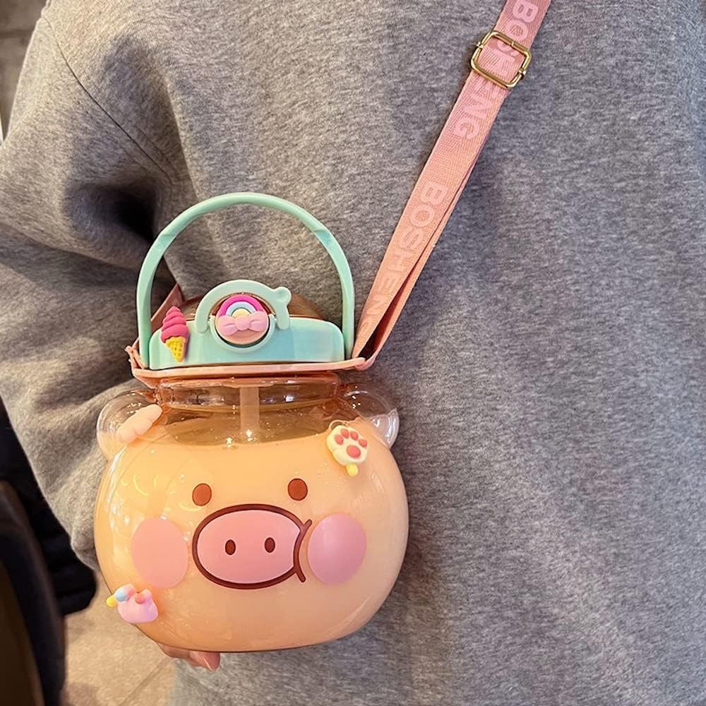 Botella de agua grande Kawaii con correa y calcomanías de resina, botella de agua de 48 onzas con pajilla, botella de agua portátil redonda para