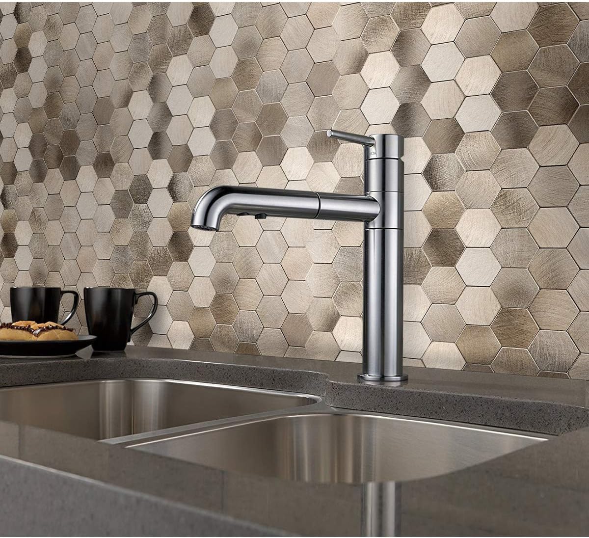 Decopus Protector contra salpicaduras de azulejos con aspecto antiguo, (5 unidades de bronce hexagonal) de cobre para despegar y pegar, modelado de