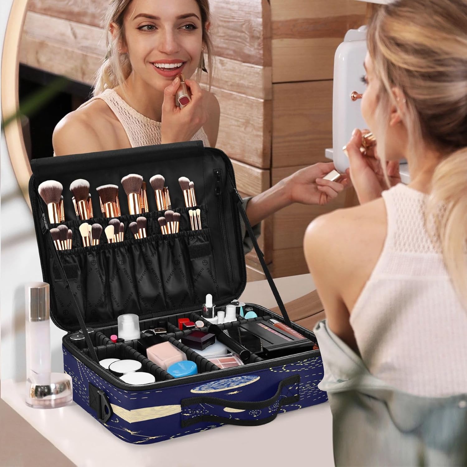 Abstract Space Navy Blue cosmetic bag makeup make up travel bag with compartments makeup bag organizer cosmetiquera de viaje para hombre for women