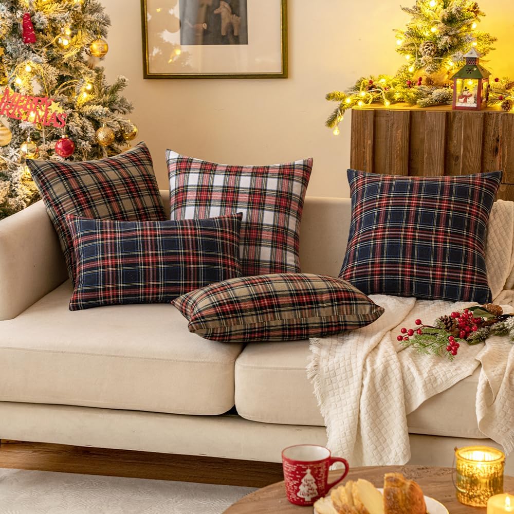 MIULEE Juego de 2 fundas de almohada de cuadros escoceses de Navidad clásicas, decorativas, cuadradas, para decoración de sofá, sofá, 22 x 22