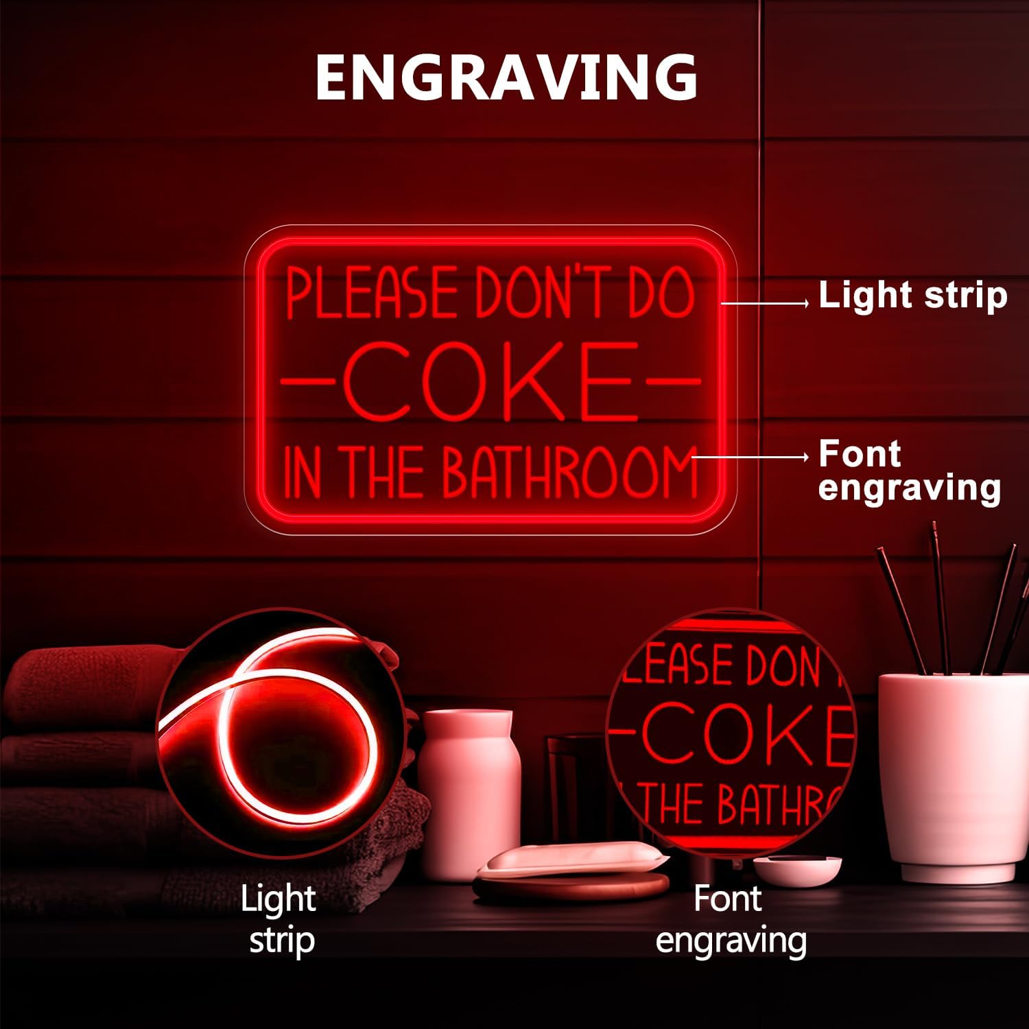 Letrero de neón con texto en inglés “Please Don’t Do Coke in The Bath” para decoración de pared, luz LED de neón alimentada por USB con brillo