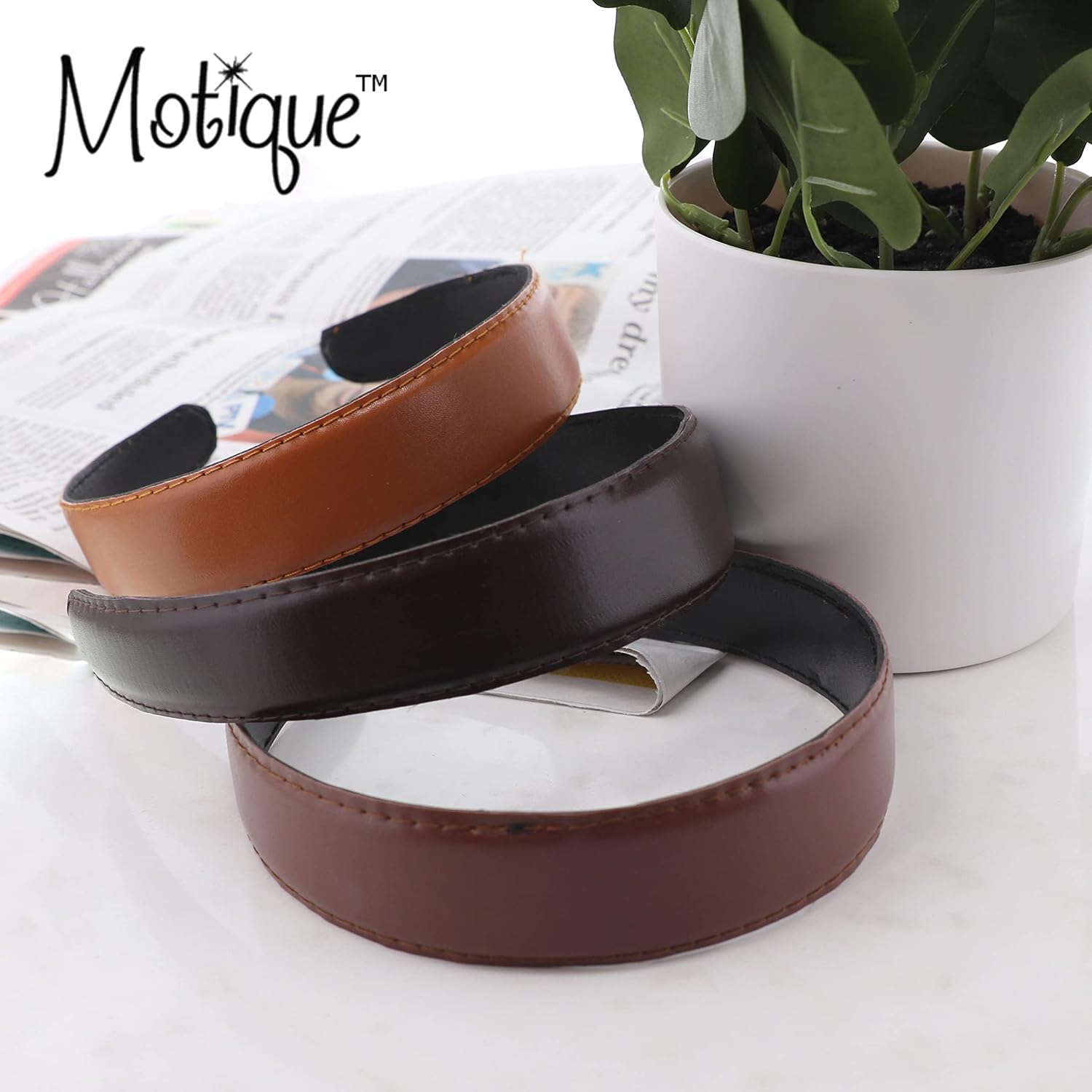 Motique Accessories Diadema de cuero de 1 pulgada con costuras para mujeres y niñas – marrón