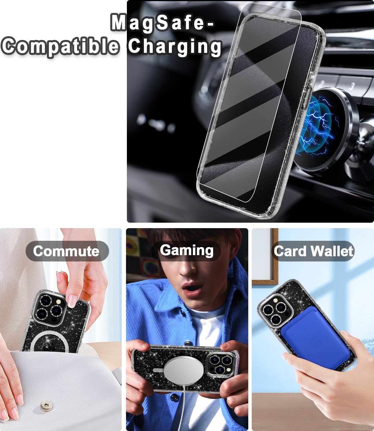 Funda magnética brillante para iPhone 15 Pro Max compatible con MagSafe, 2 protectores de pantalla y 2 protectores de lente de cámara de diamante,
