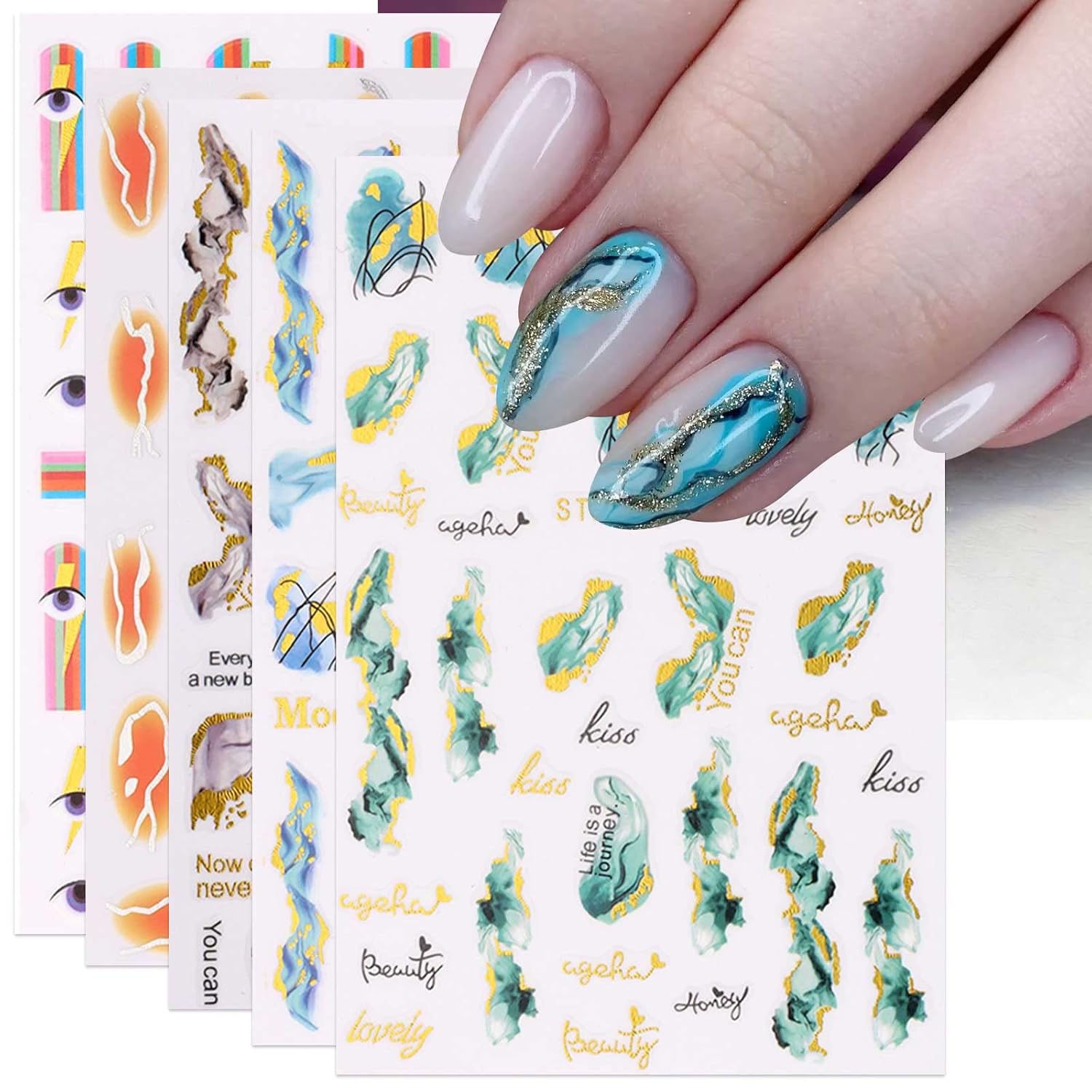 12 hojas de calcomanías de arte de uñas de mármol, calcomanías autoadhesivas para uñas, línea azul francesa, suministros de uñas, diseño de uñas,