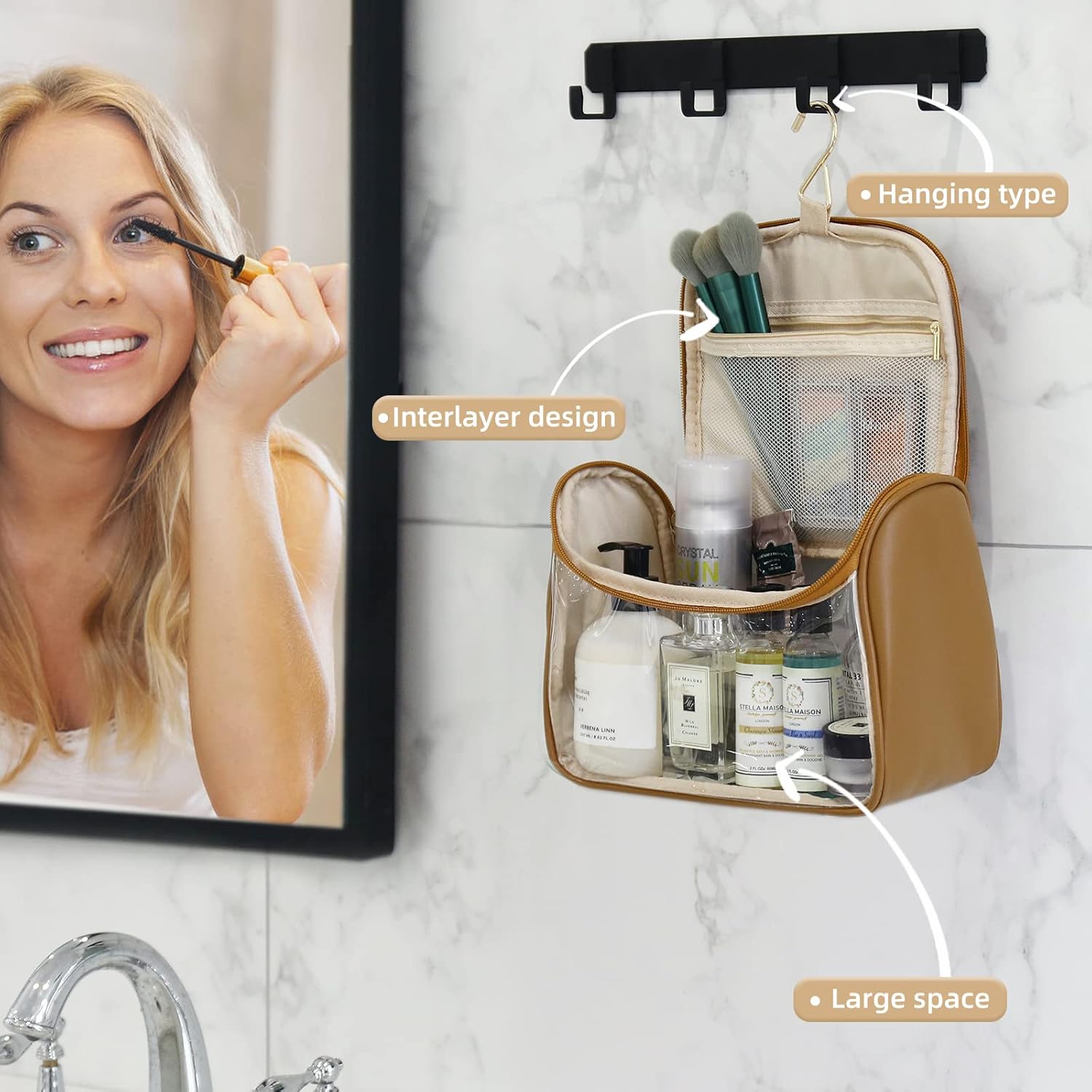 Bolsa de maquillaje transparente portátil con gancho, bolsa de aseo de viaje impermeable, trae bolsa de cosméticos para el cuidado de la piel,