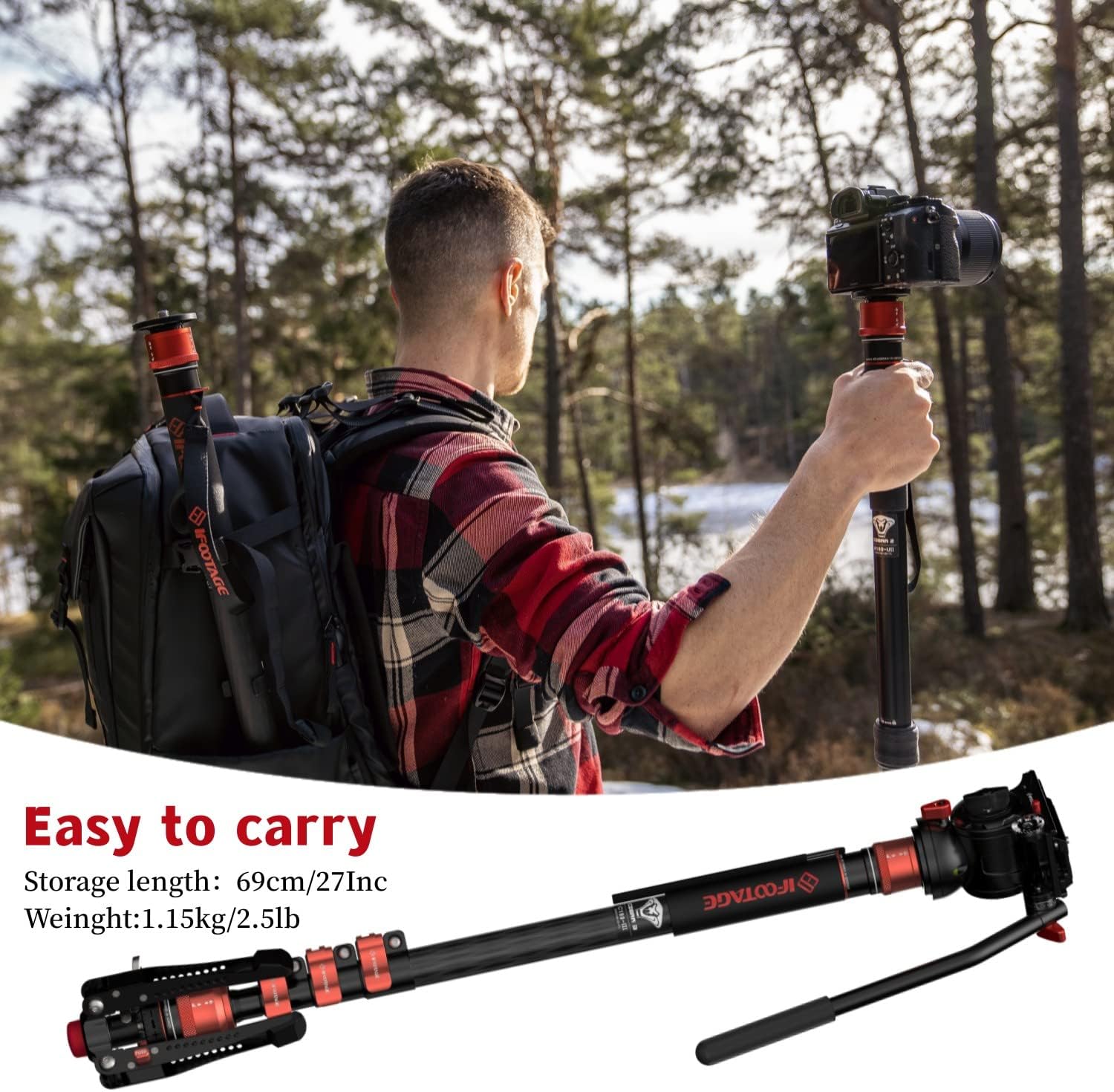IFOOTAGE Cobra 3 C180F-P Monopod de cámara con control de bloqueo de pedal, monopie de video de fibra de carbono, monopie de fotografía profesional