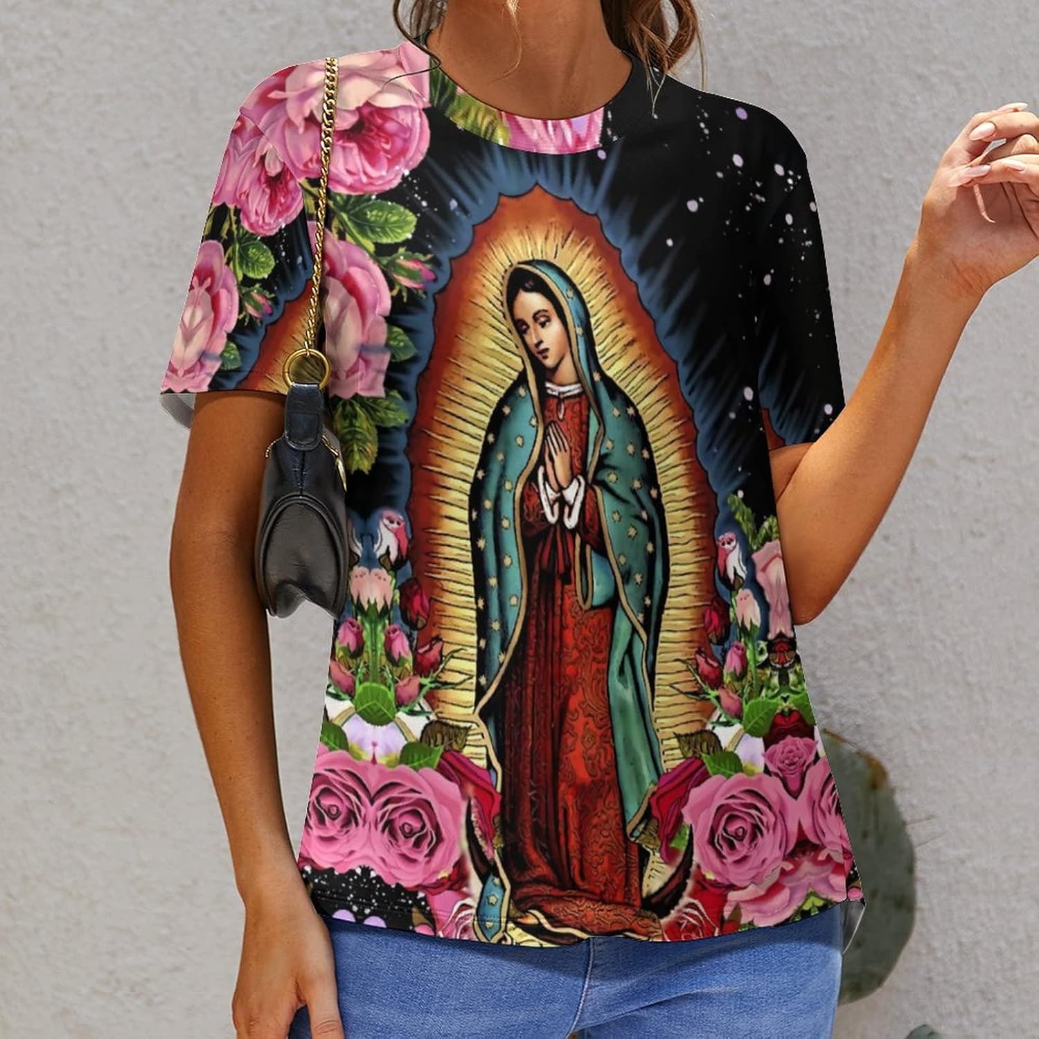 Camiseta con estampado completo para mujer Virgen María de Guadalupe