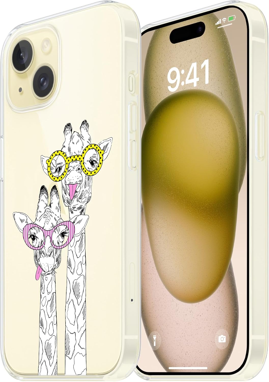 Funda transparente de jirafa con gafas diseñada para iPhone 15 Plus, TPU suave a prueba de golpes, funda protectora transparente para mujeres y