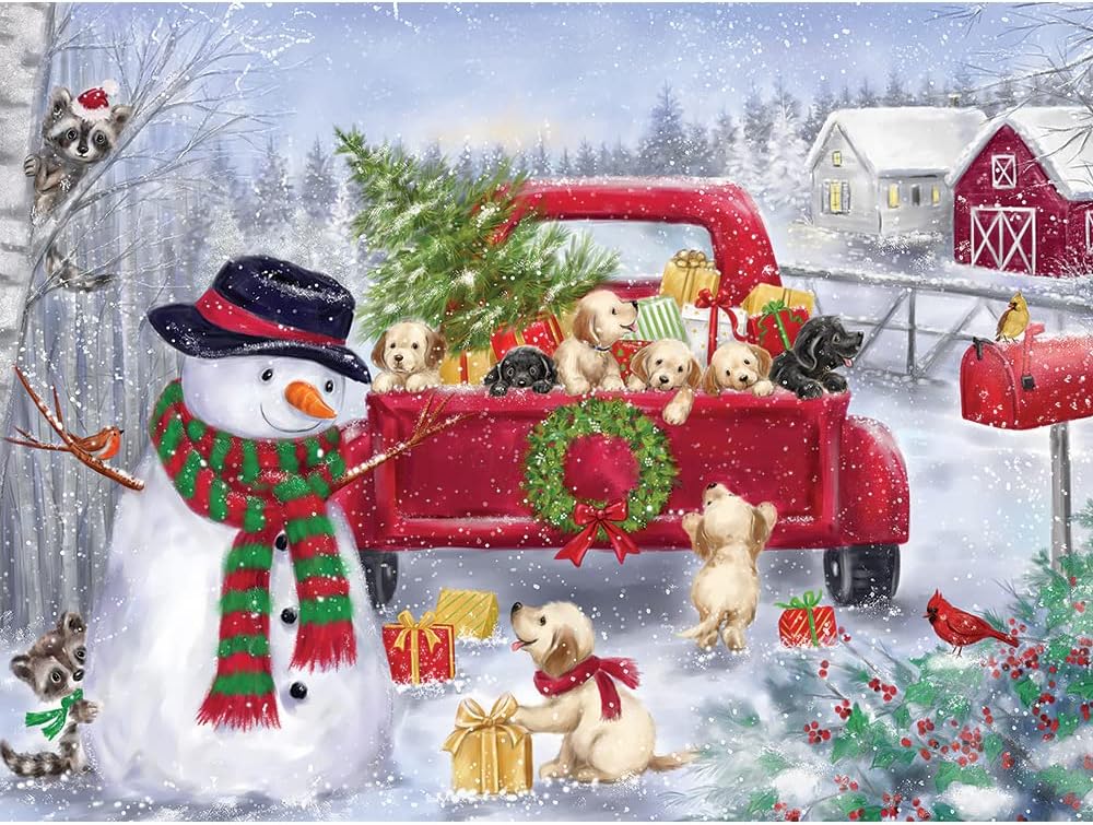 Bits and Pieces – Rompecabezas de 500 piezas para adultos de 18 x 24 pulgadas – Camión rojo con cachorros – 500 piezas de muñeco de nieve de perros