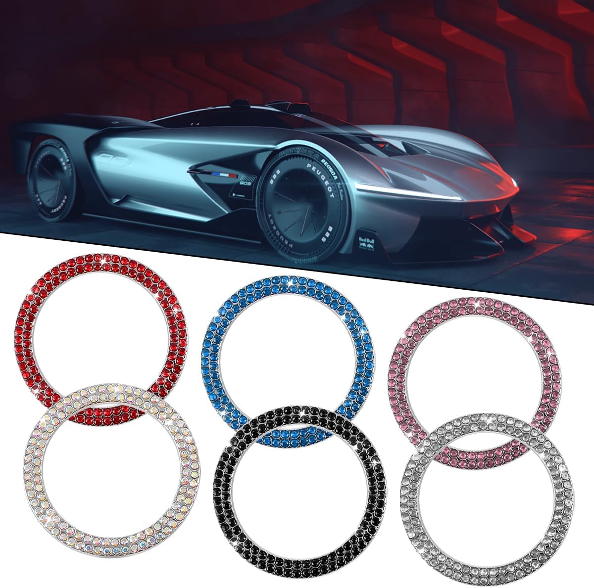 Anillo de decoración de arranque y parada de motor de automóvil con doble diamantes de imitación, 2 calcomanías para botón de arranque, accesorios