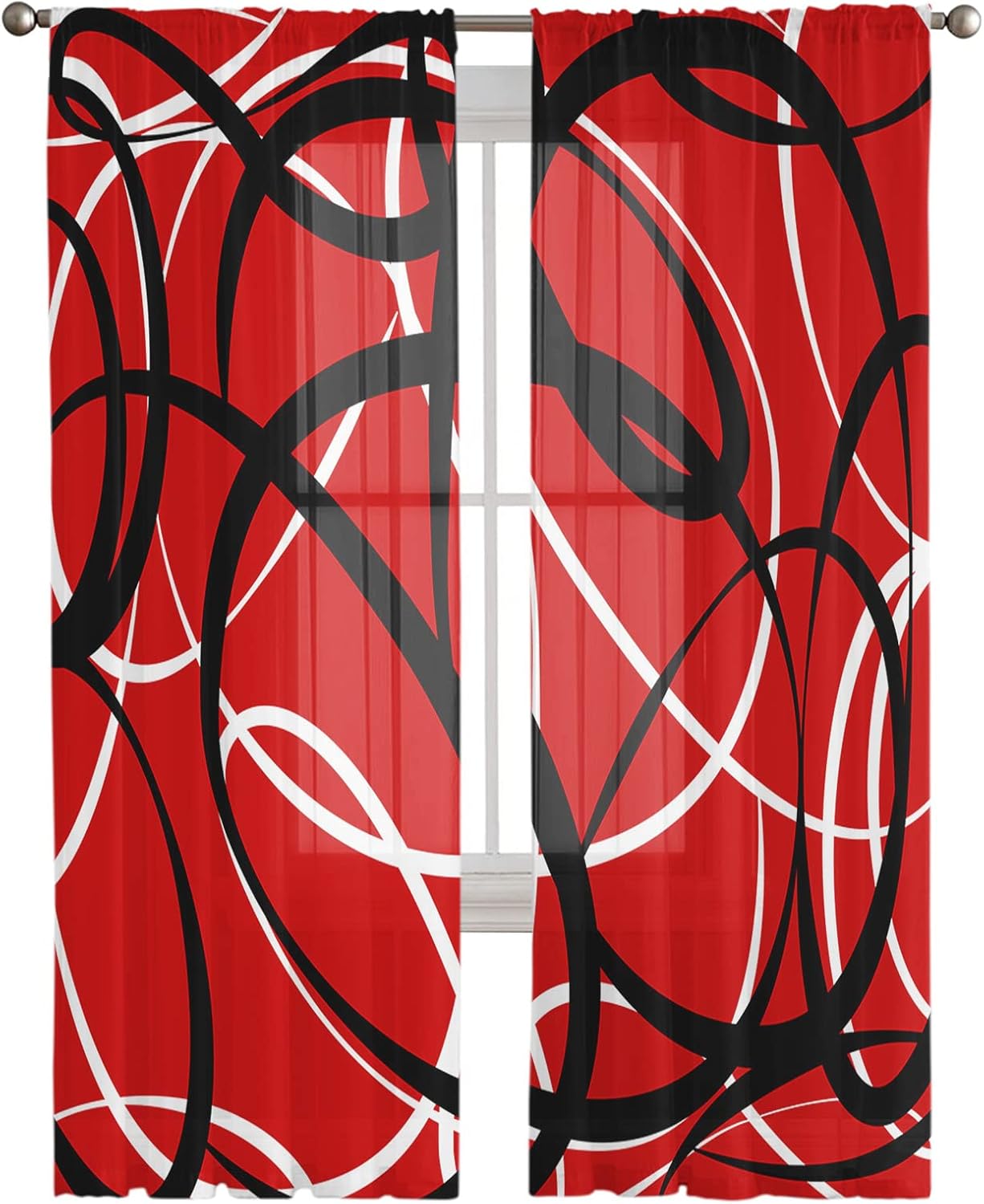 Sheer Curtains 108 Inch Long Red Black White Modern Abstract Art Lines Rod Pocket Voile Semi-Sheer Window Treatment Drapes for Living Room Window