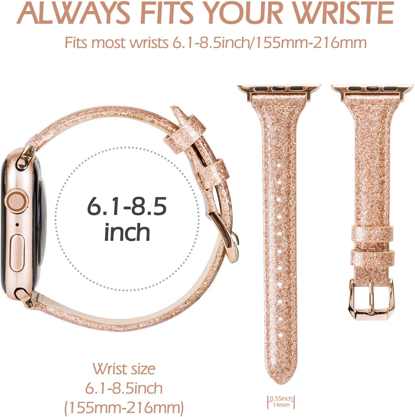 Wearlizer – Correa de repuesto de piel fina con purpurina compatible con correas de Apple Watch de 1.496in, 1.575in, 1.654in, 1.732in, para mujer,